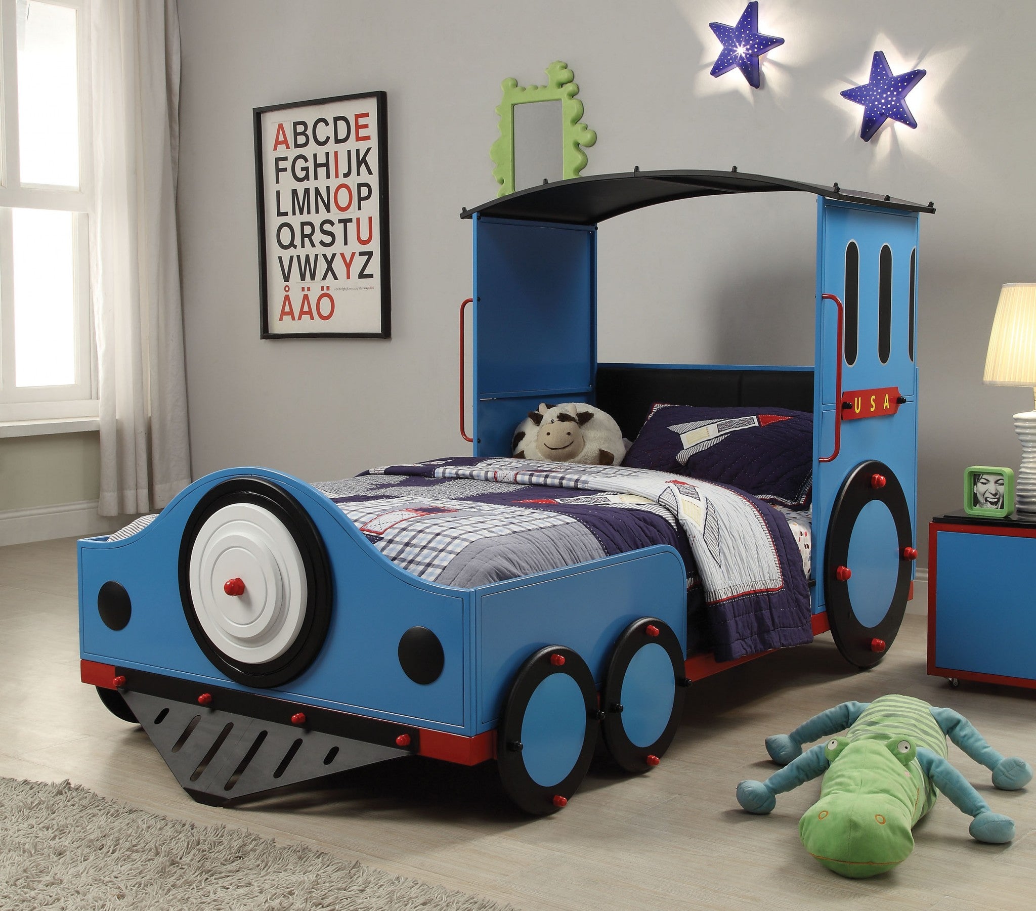 83" X 44" X 51" Blue Red And Black Train Metal Twin  Bed Default Title