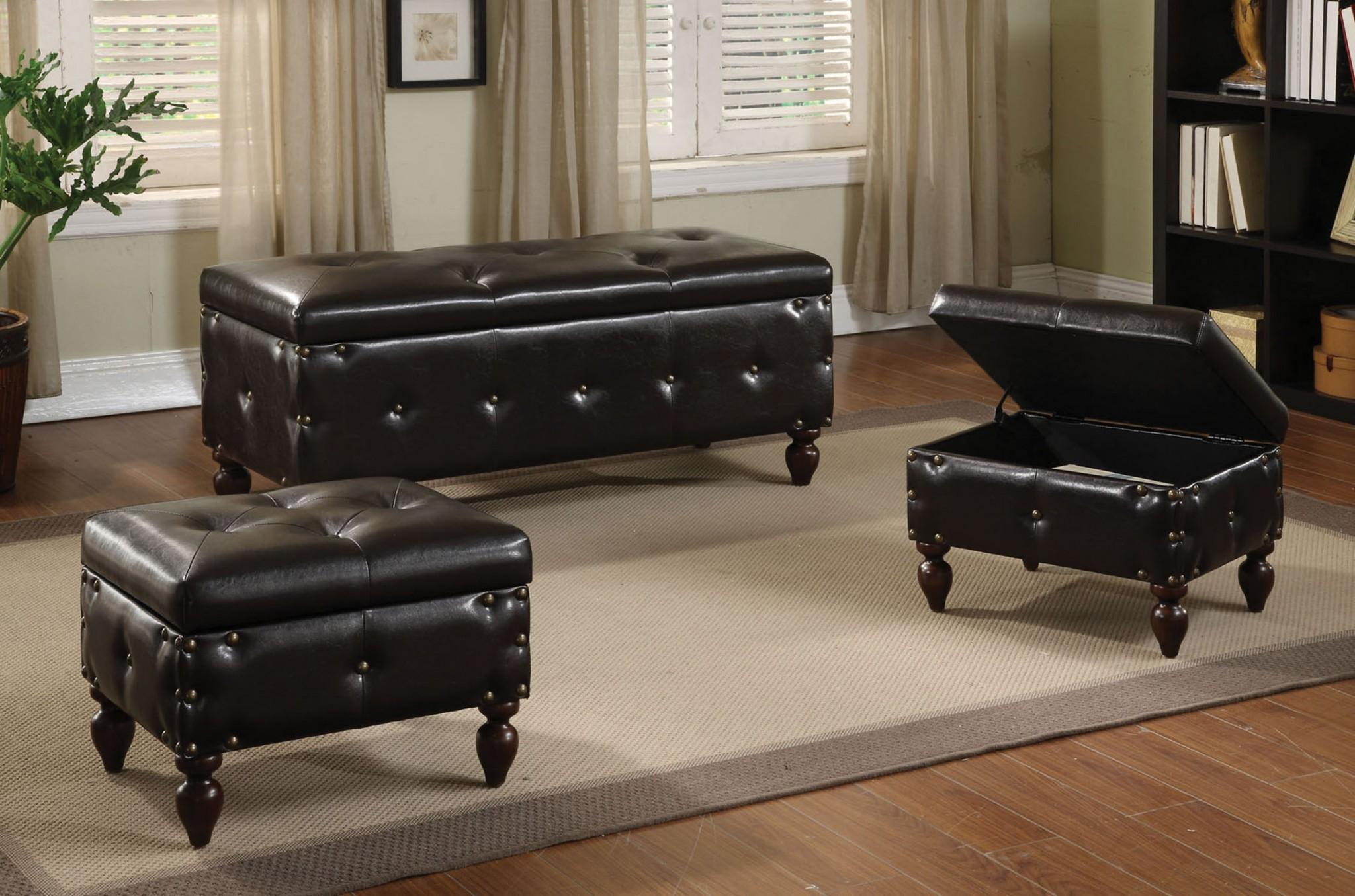 3Pc Pack Storage Bench & 2 Ottomans, Brown PU & Espresso - PU, Brown PU & Espresso