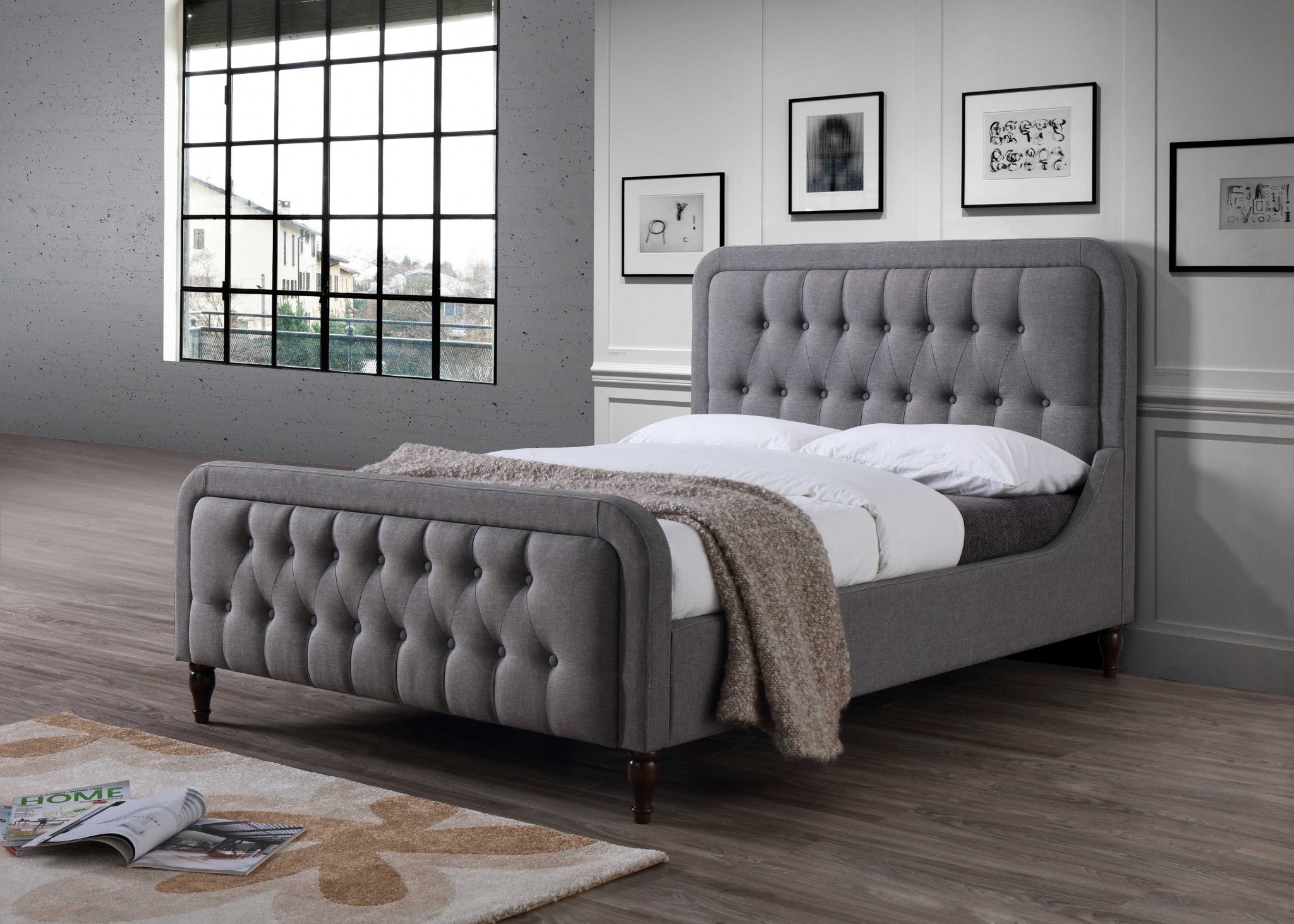Queen Bed, Light Gray Fabric - Fabric, Wood, LVL, Foam,  Light Gray Fabric