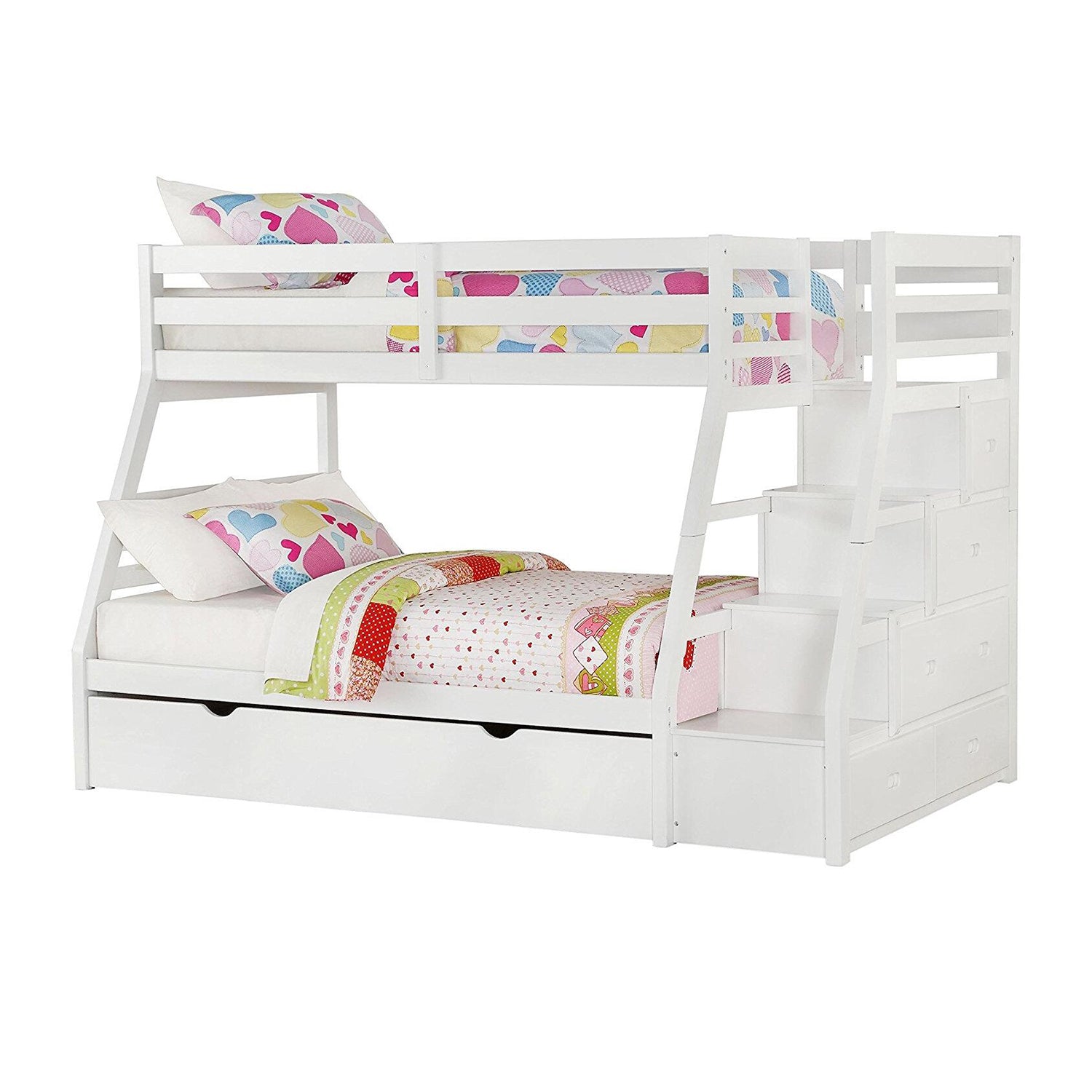 95" X 56" X 65" Twin Over Full White Storage Ladder And Trundle Bunk Bed Default Title