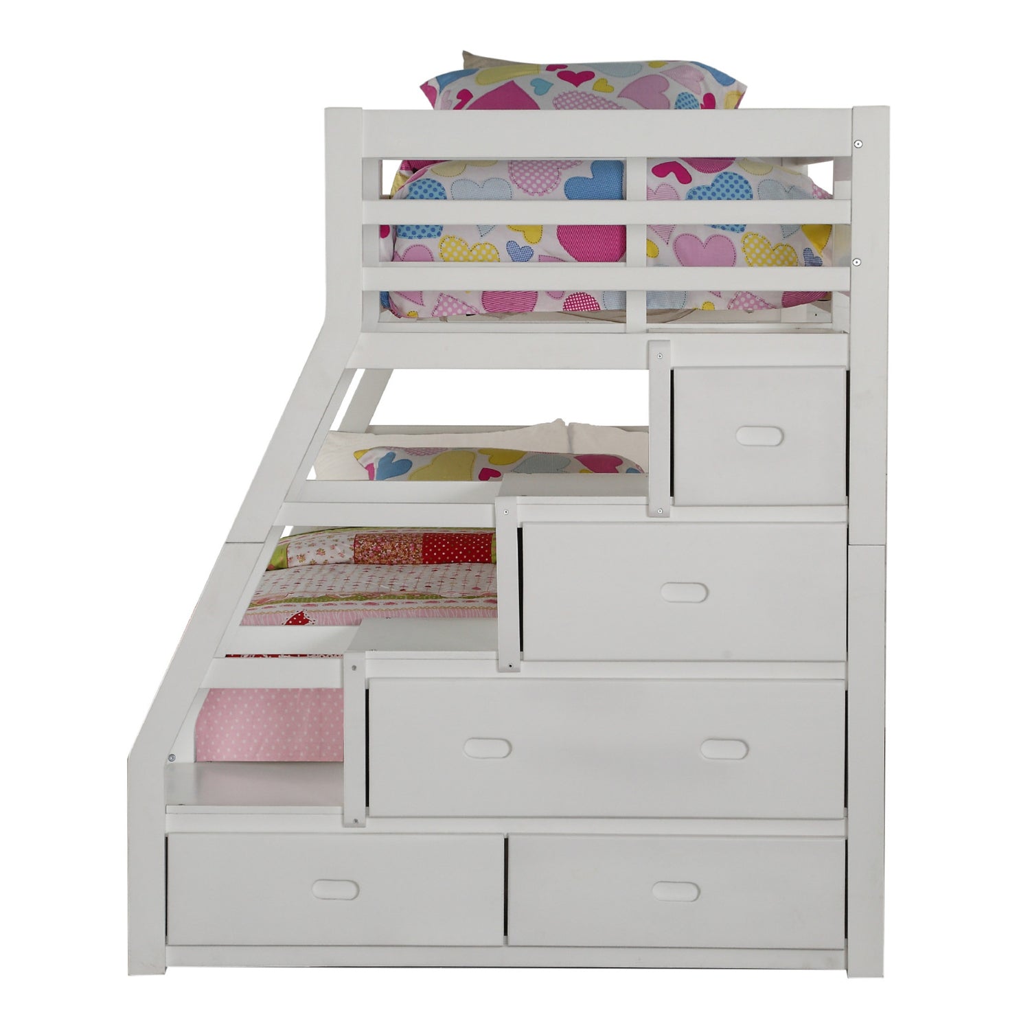 95" X 56" X 65" Twin Over Full White Storage Ladder And Trundle Bunk Bed Default Title
