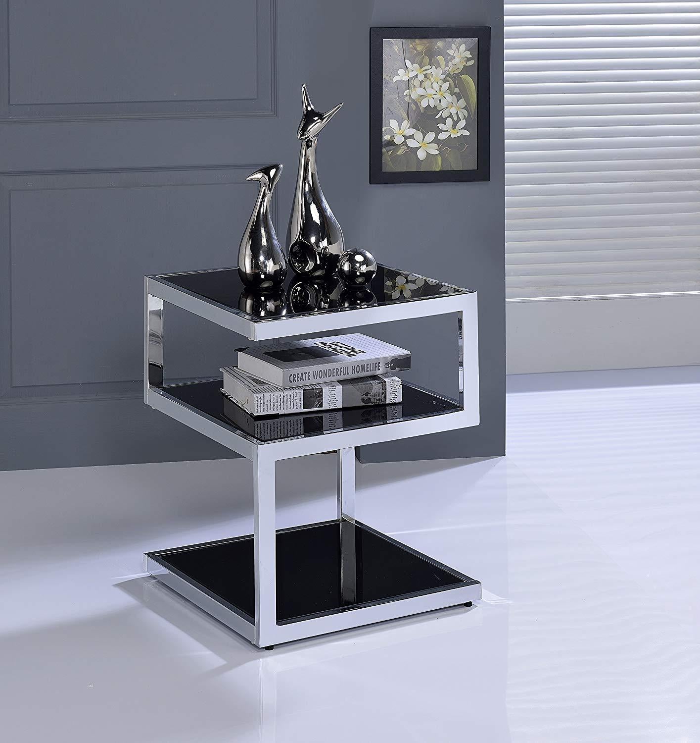 Black Glass And Chrome 3 Tier Shelves End Table