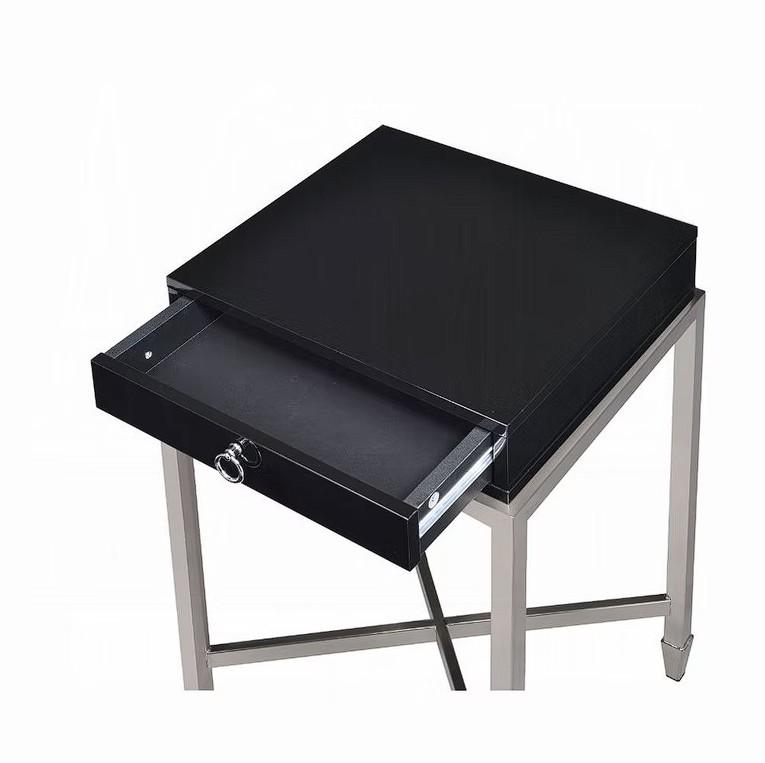 Black and Chrome End Table with Ring Pull Drawer