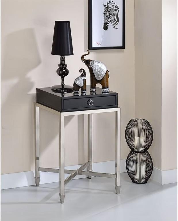 Black and Chrome End Table with Ring Pull Drawer