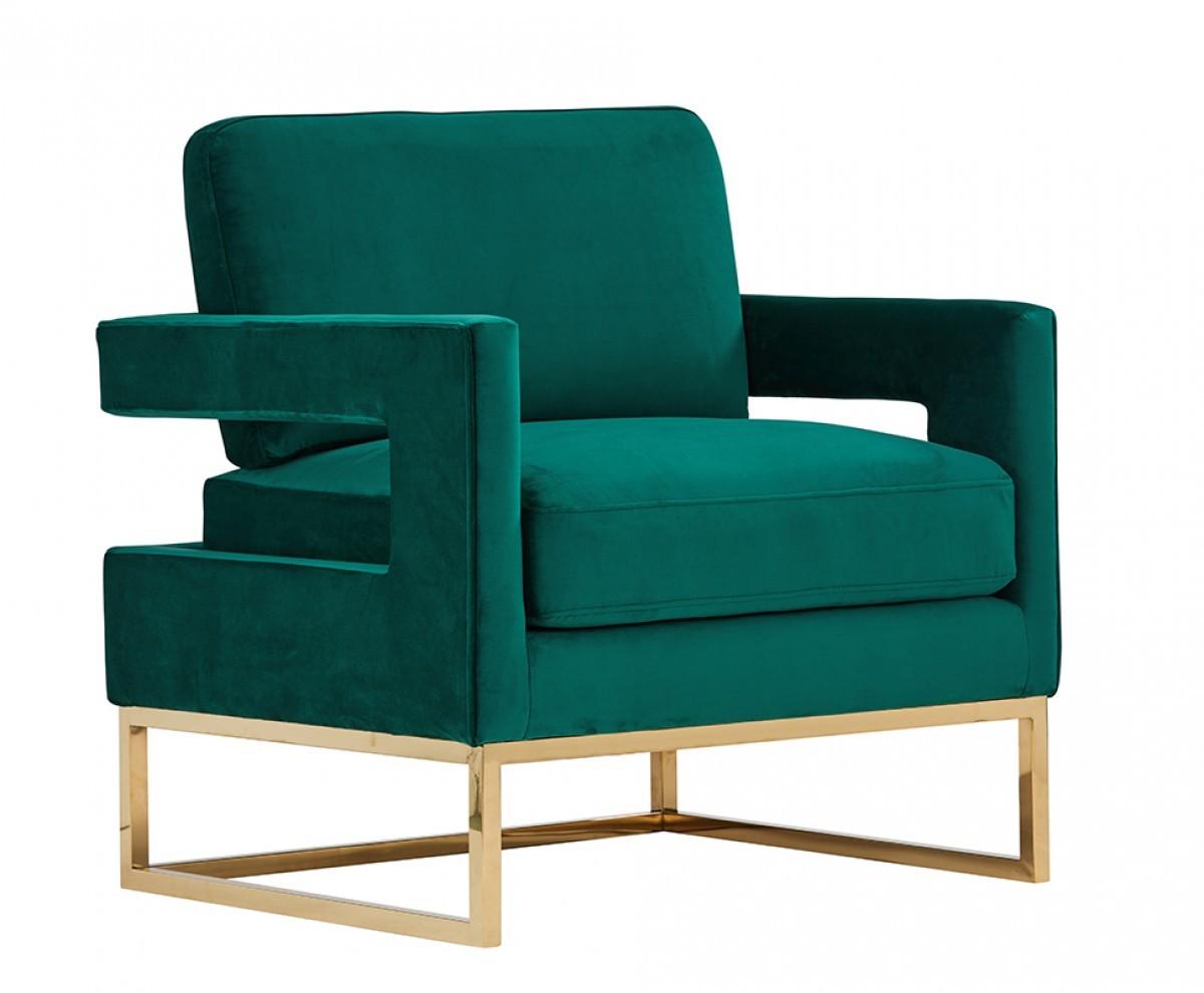 Stylish Green Velvet And Gold Steel Chair