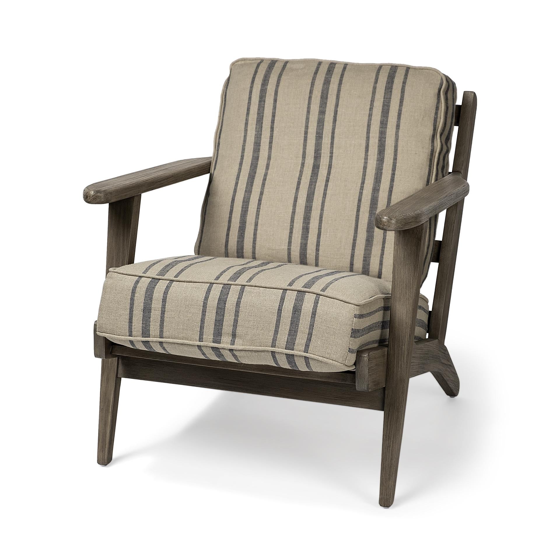 Striped Light Brown Fabric Wrapped Accent Chair with Wooden Frame