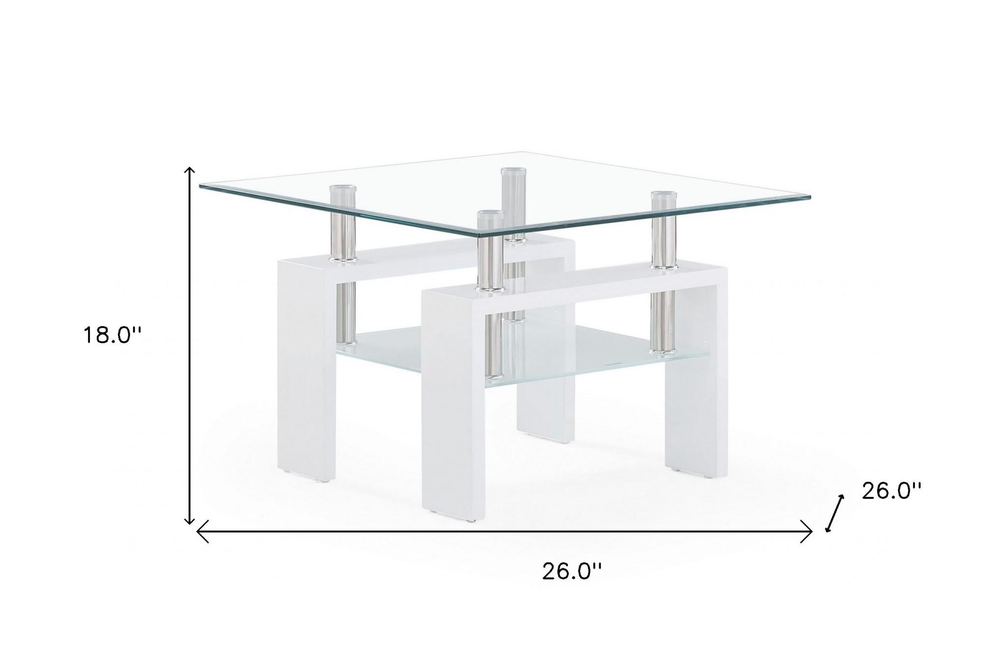 White glossy leg End Table with Rectangular Clear Glass Top