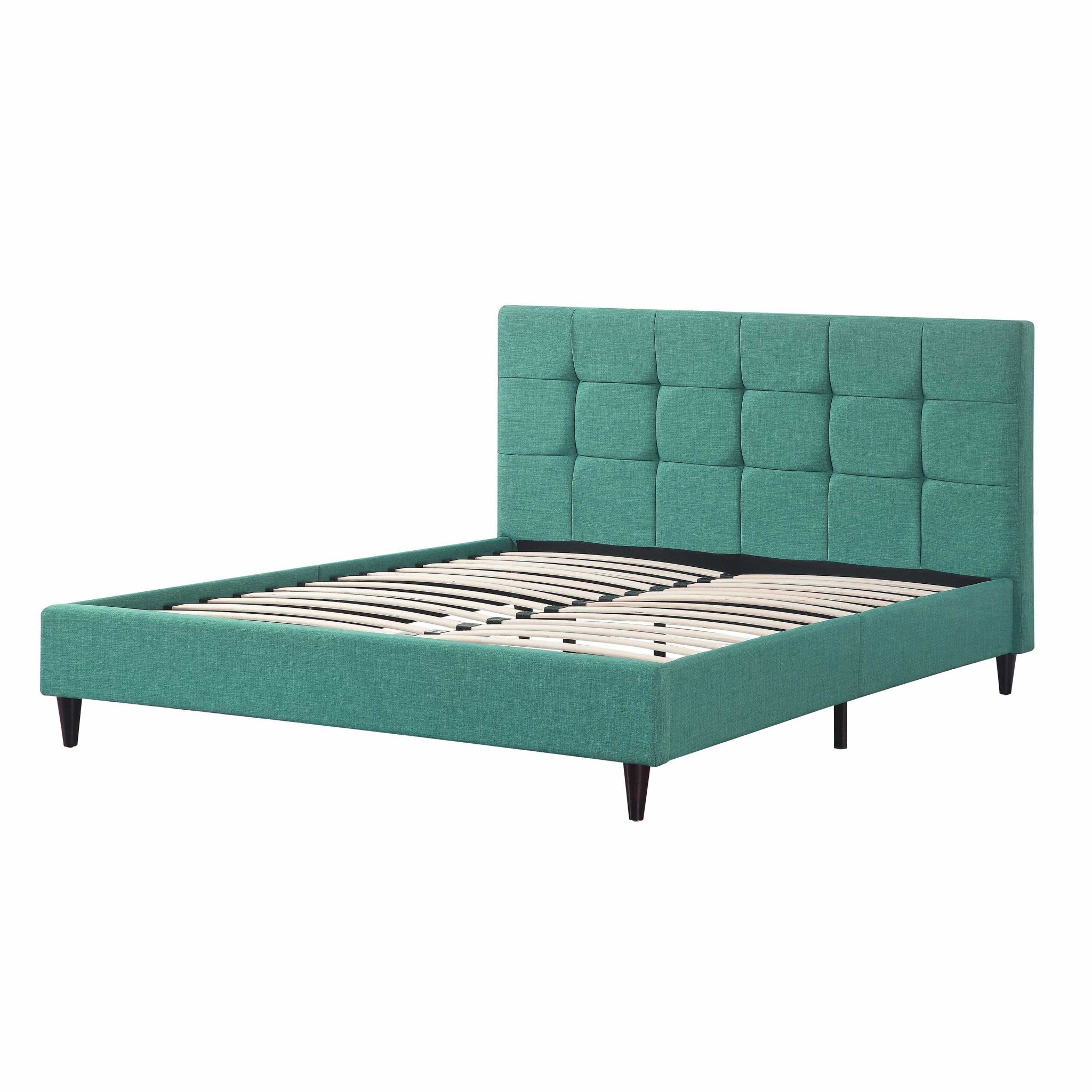 Queen Blue Modern Upholstered Square Stitched Platform Bed Default Title