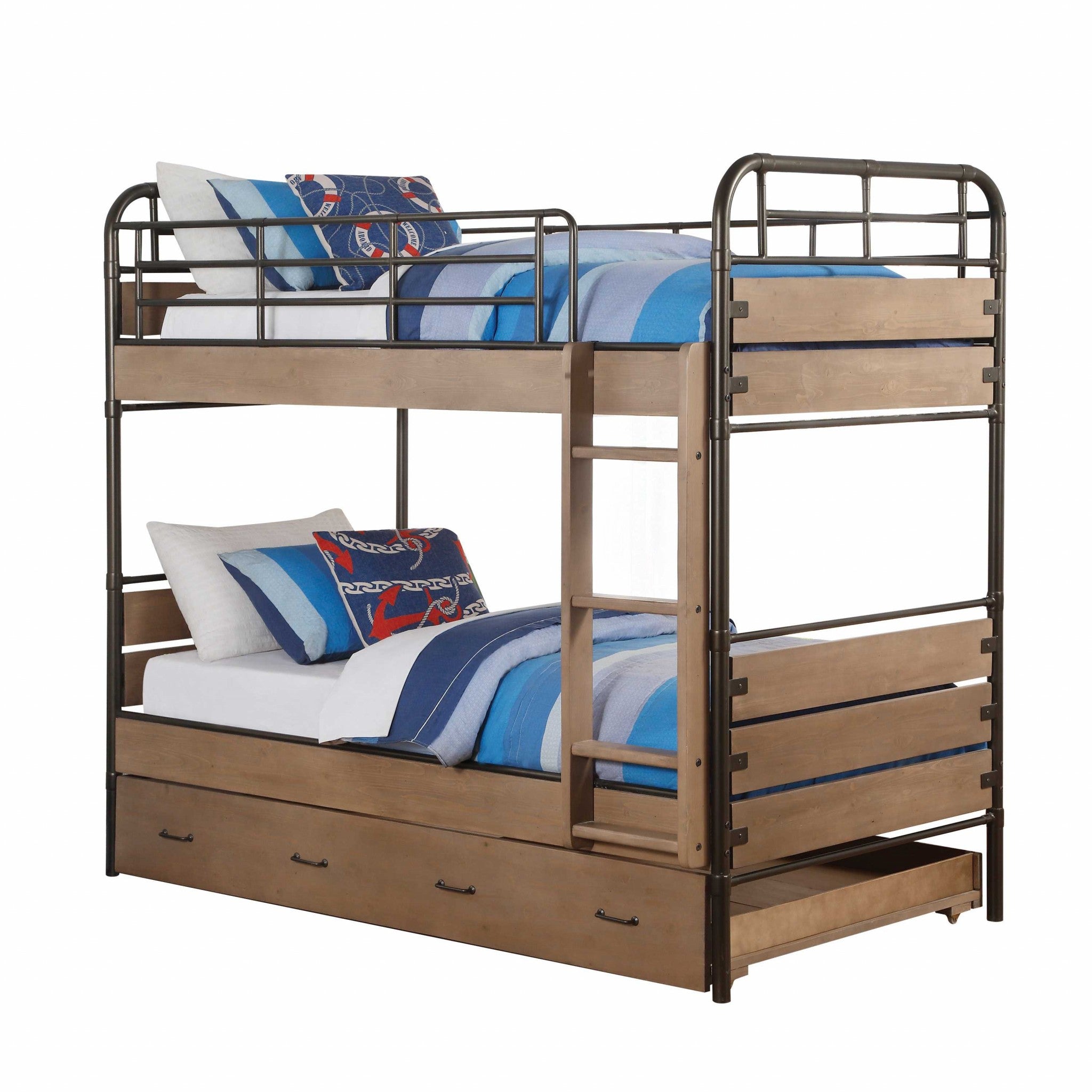79" X 42" X 71" Antique Oak And Gunmetal Twin Over Twin Bunk Bed Default Title