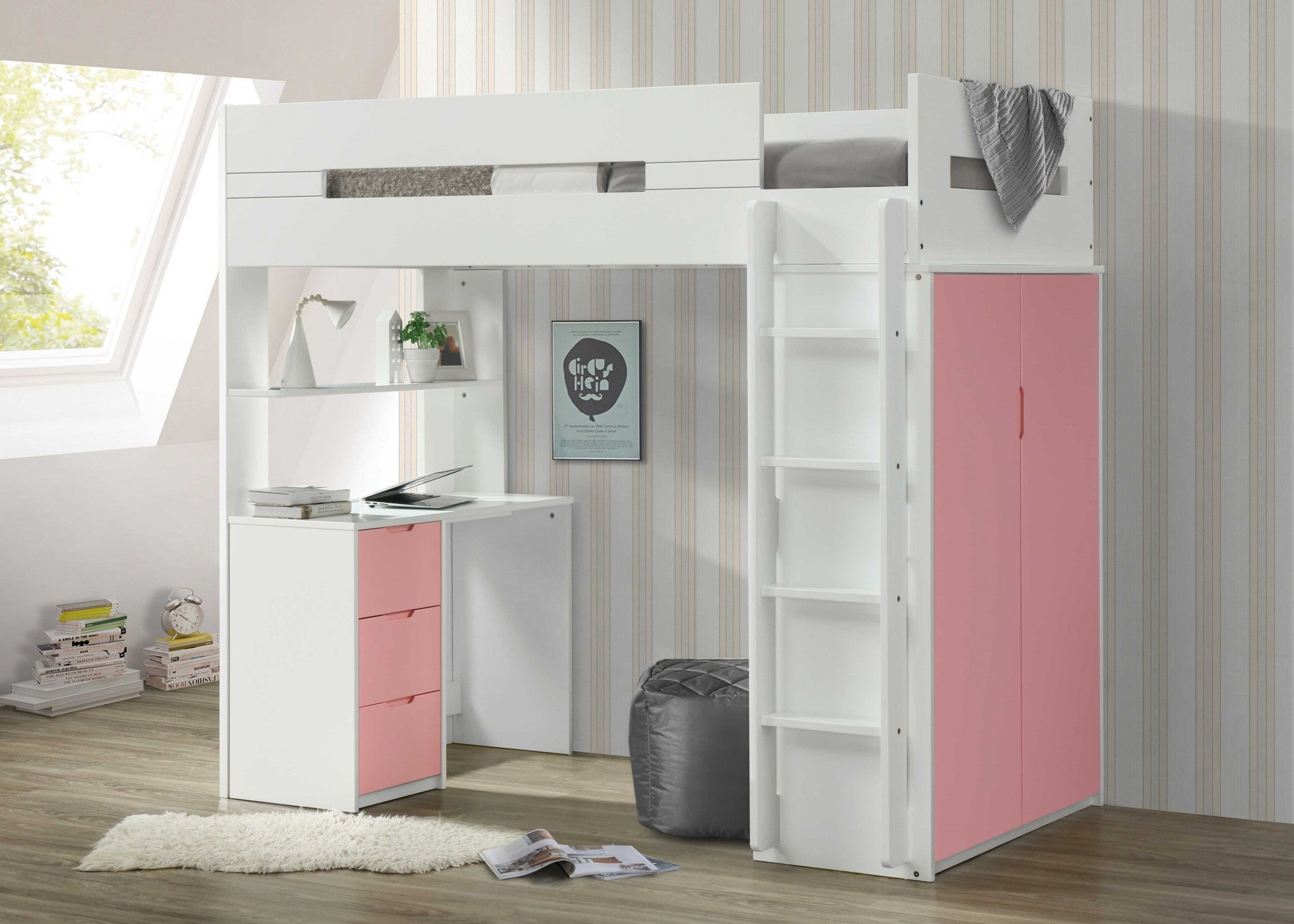 White and Pink Twin Loft Bed and Desk Default Title