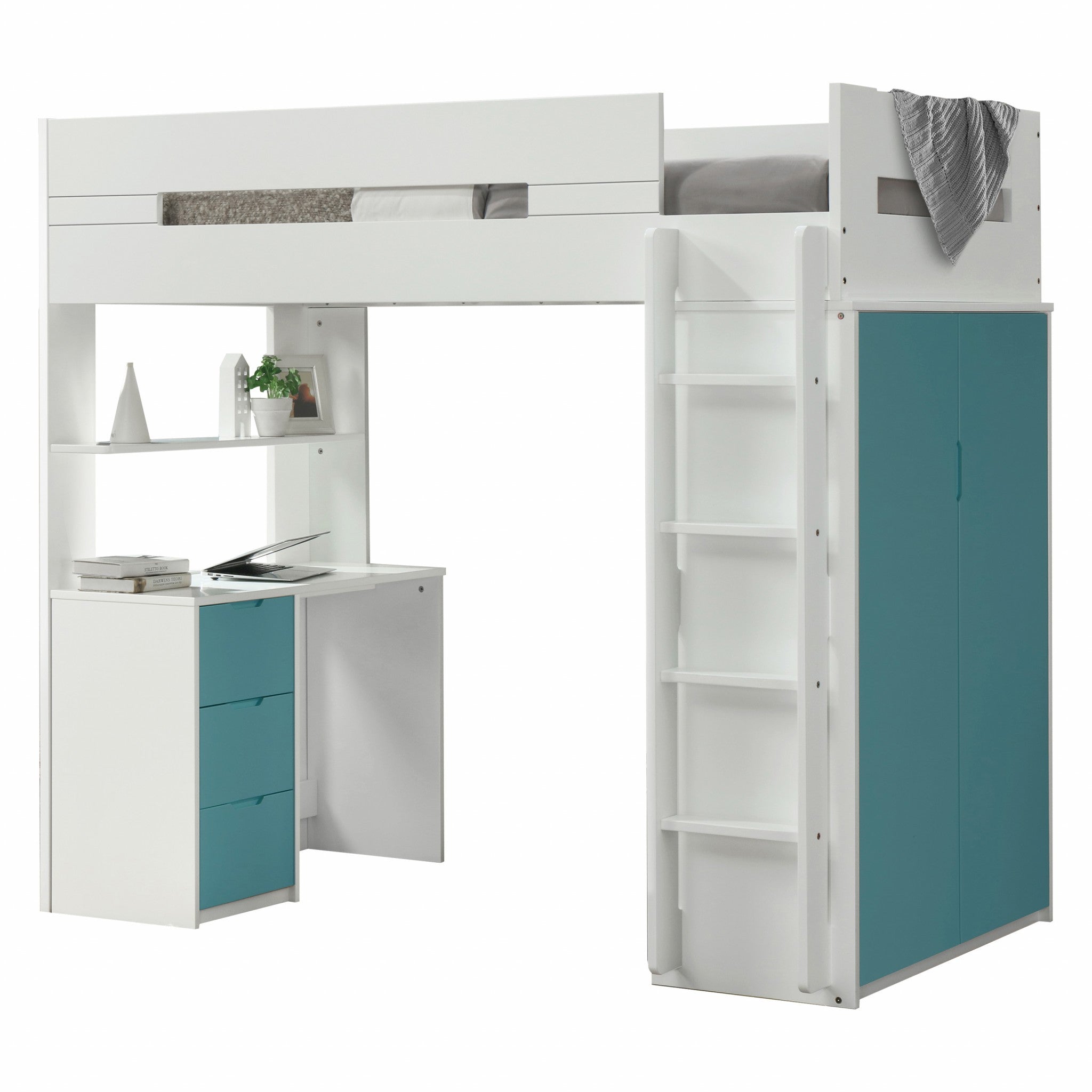 White and Teal Twin Loft Bed and Desk Default Title