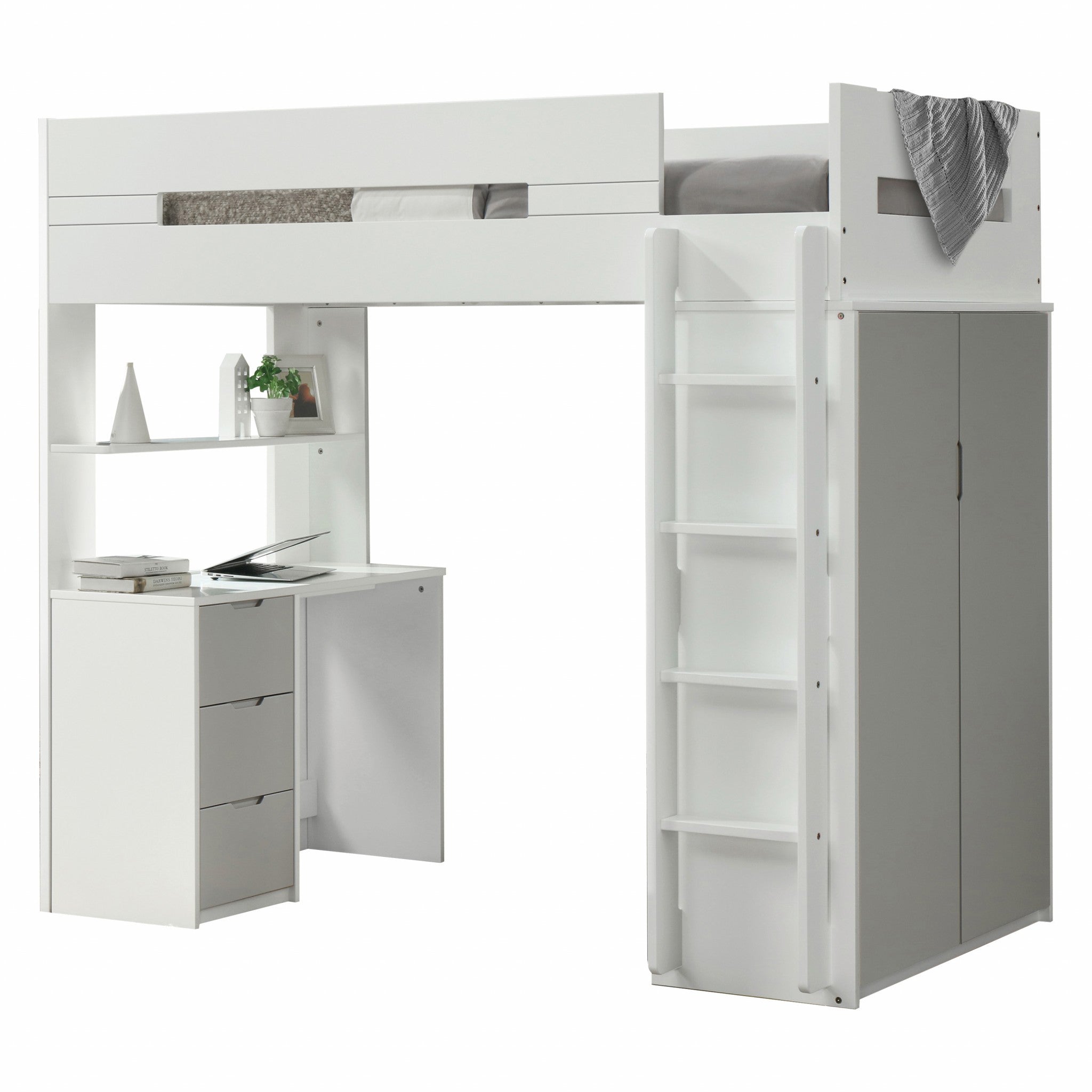 White And Gray Twin Loft Bed and Desk