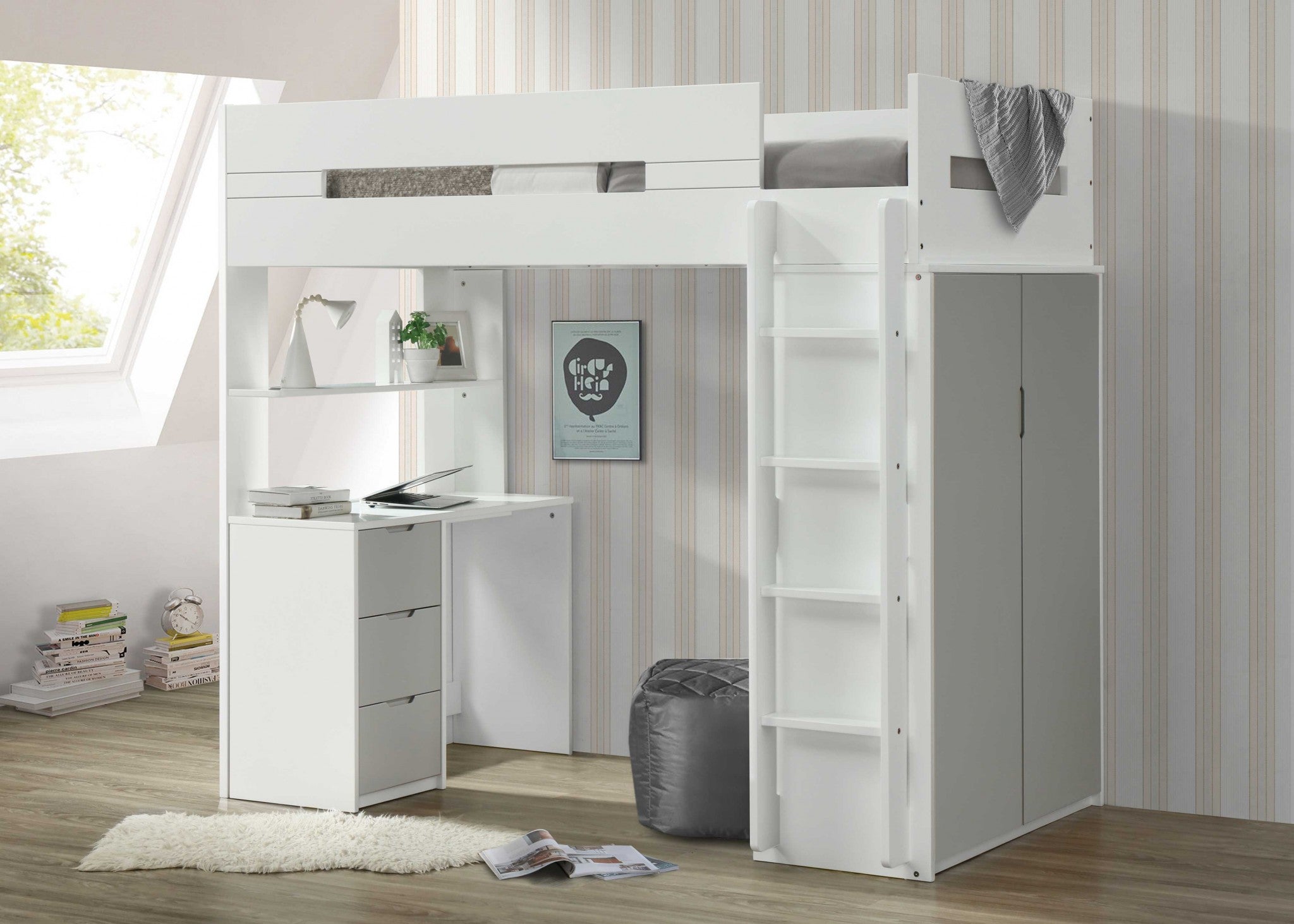 White And Gray Twin Loft Bed and Desk