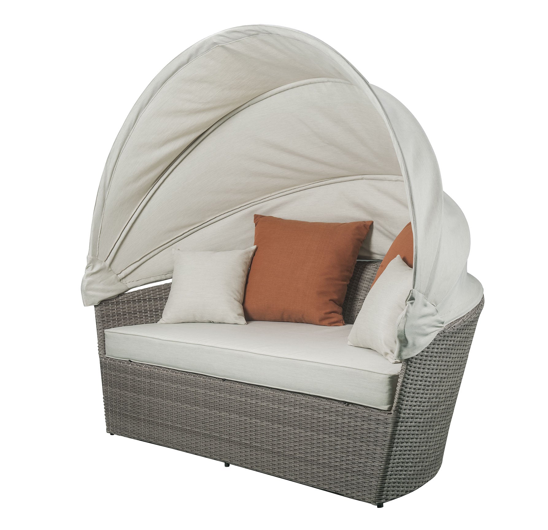 Set of Two Beige Fabric And Gray Wicker Patio Canopy Daybed