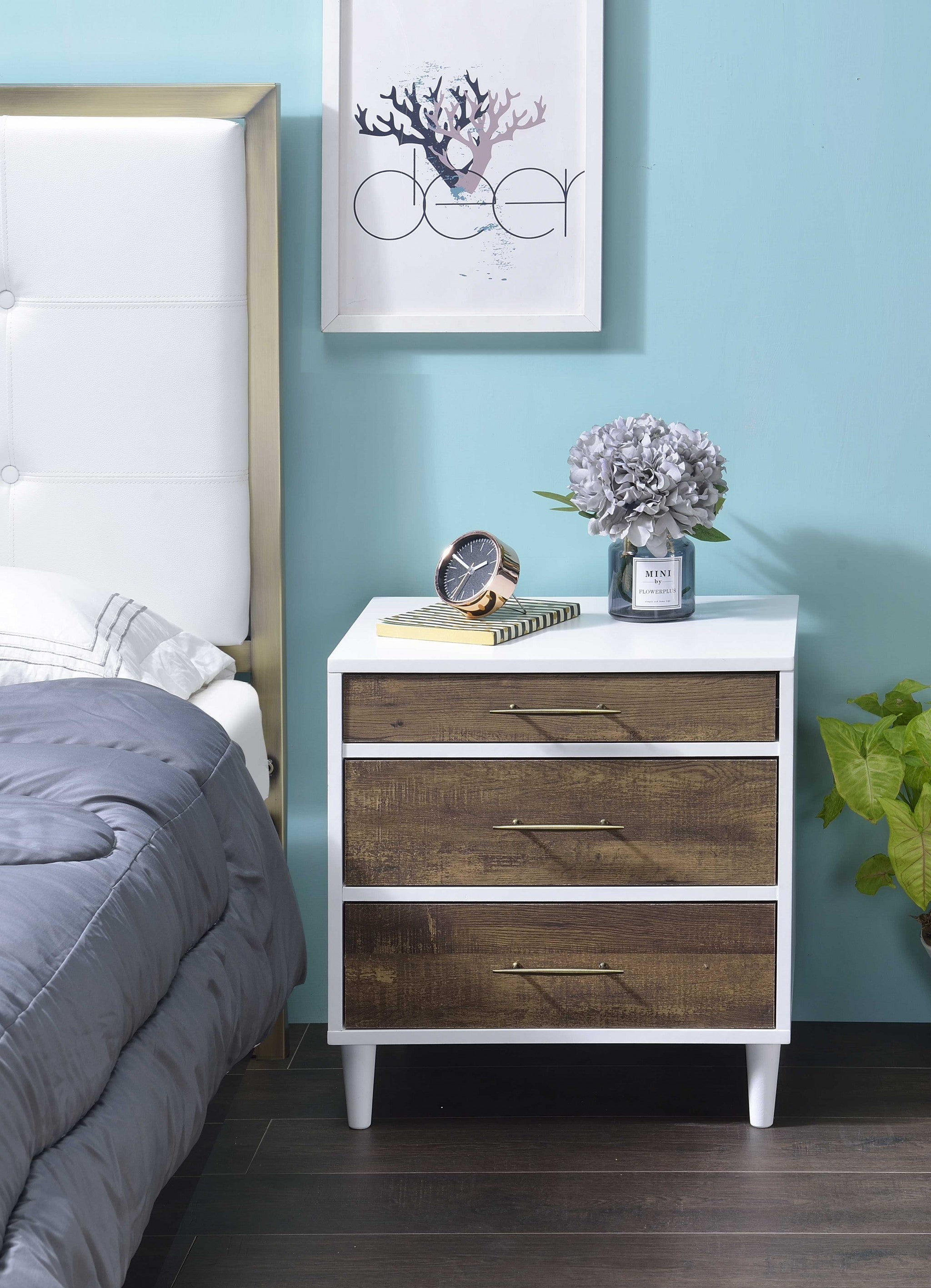 White and Distressed Oak Three Drawer Nightstand