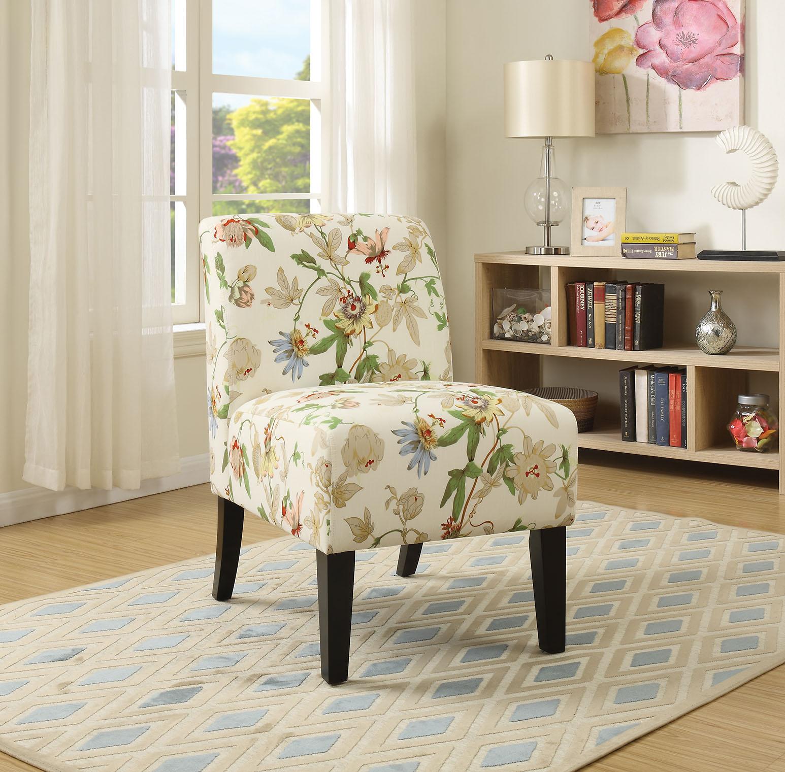 Floral Fabric Slipper Accent Chair with Dark Wood Legs