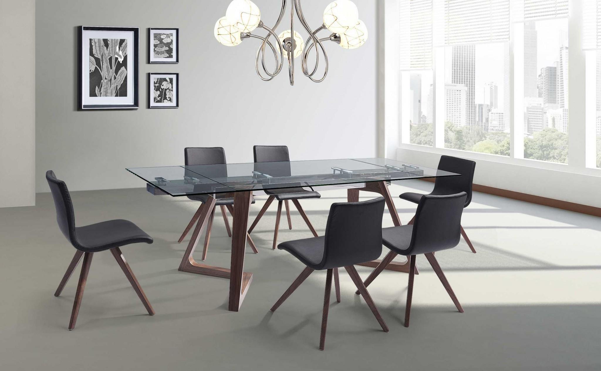 63 X 35 X 30 Walnut Glass Stainless Steel Extendable Dining Table