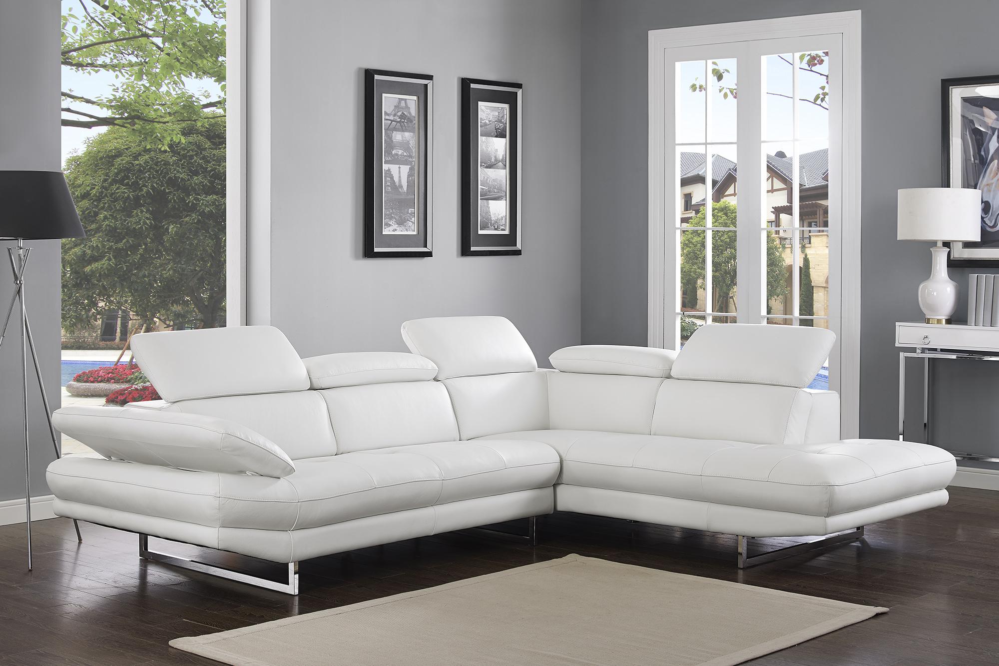 Sectional Chaise On Right When Facing  White Top Grain Italian Leather Adjustable Headrest Couch