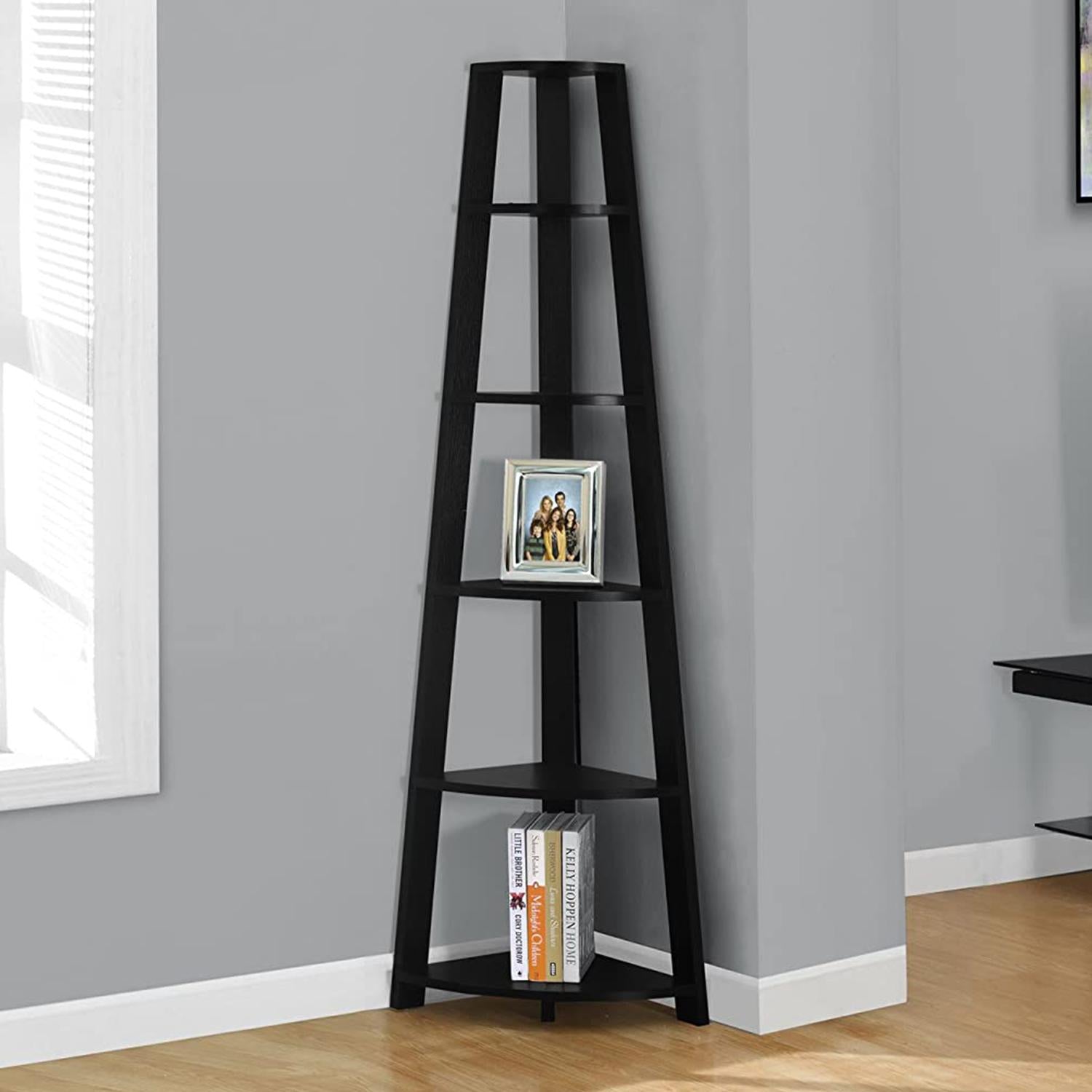 Black Five Tier Open Corner Bookcase