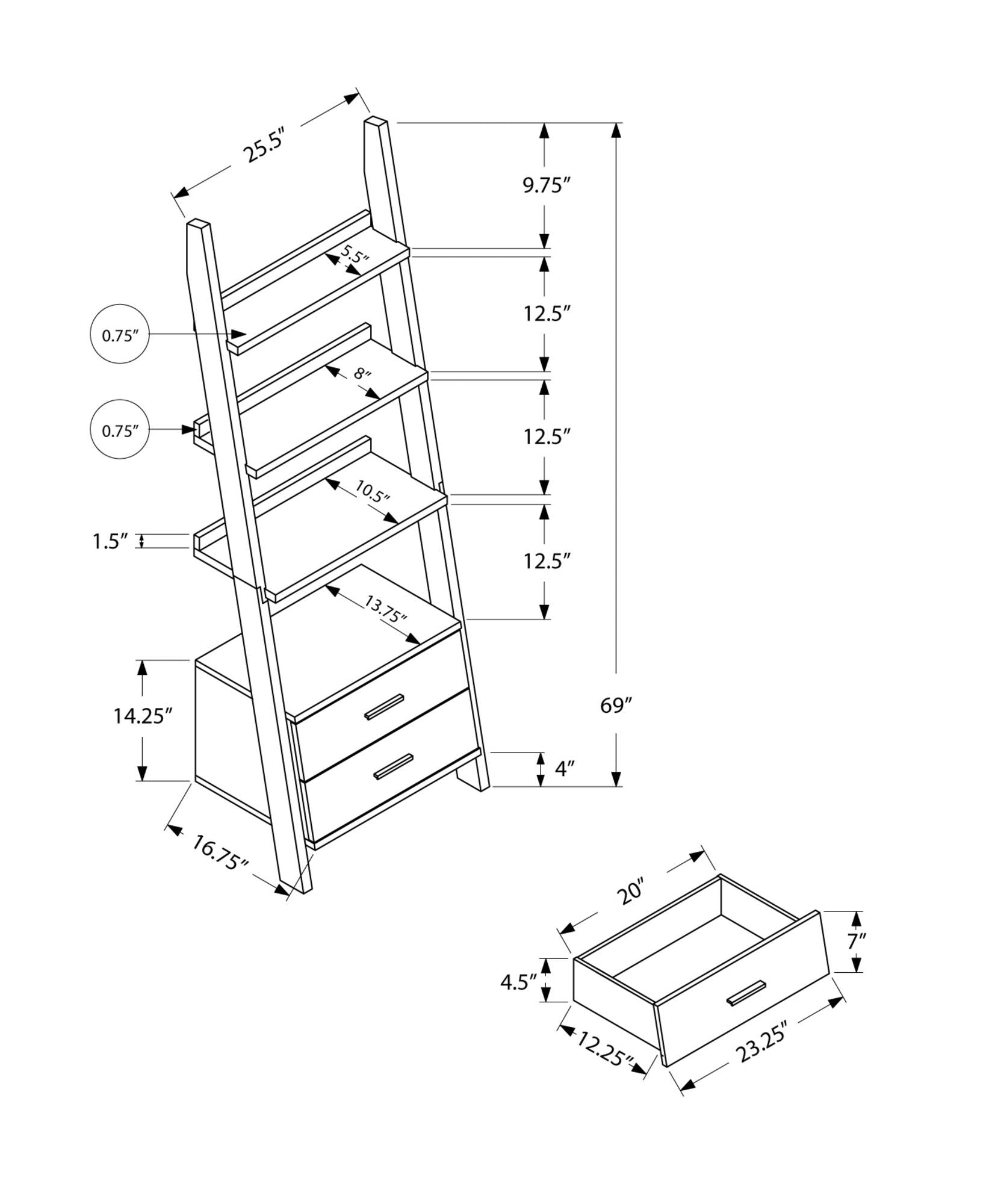 Dark Taupe Hollow Core Bookcase with 2 Storage Drawers