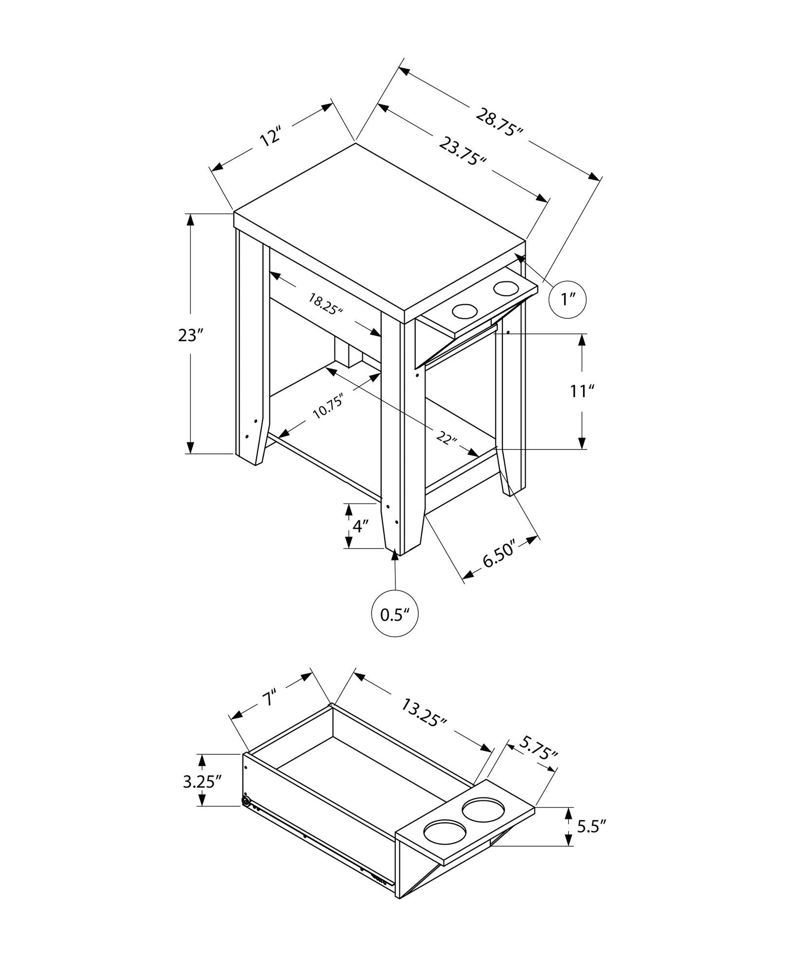 Cappuccino Finish Side  Accent Table with Adjustable Cup Holder Drawer and Bottom Shelf