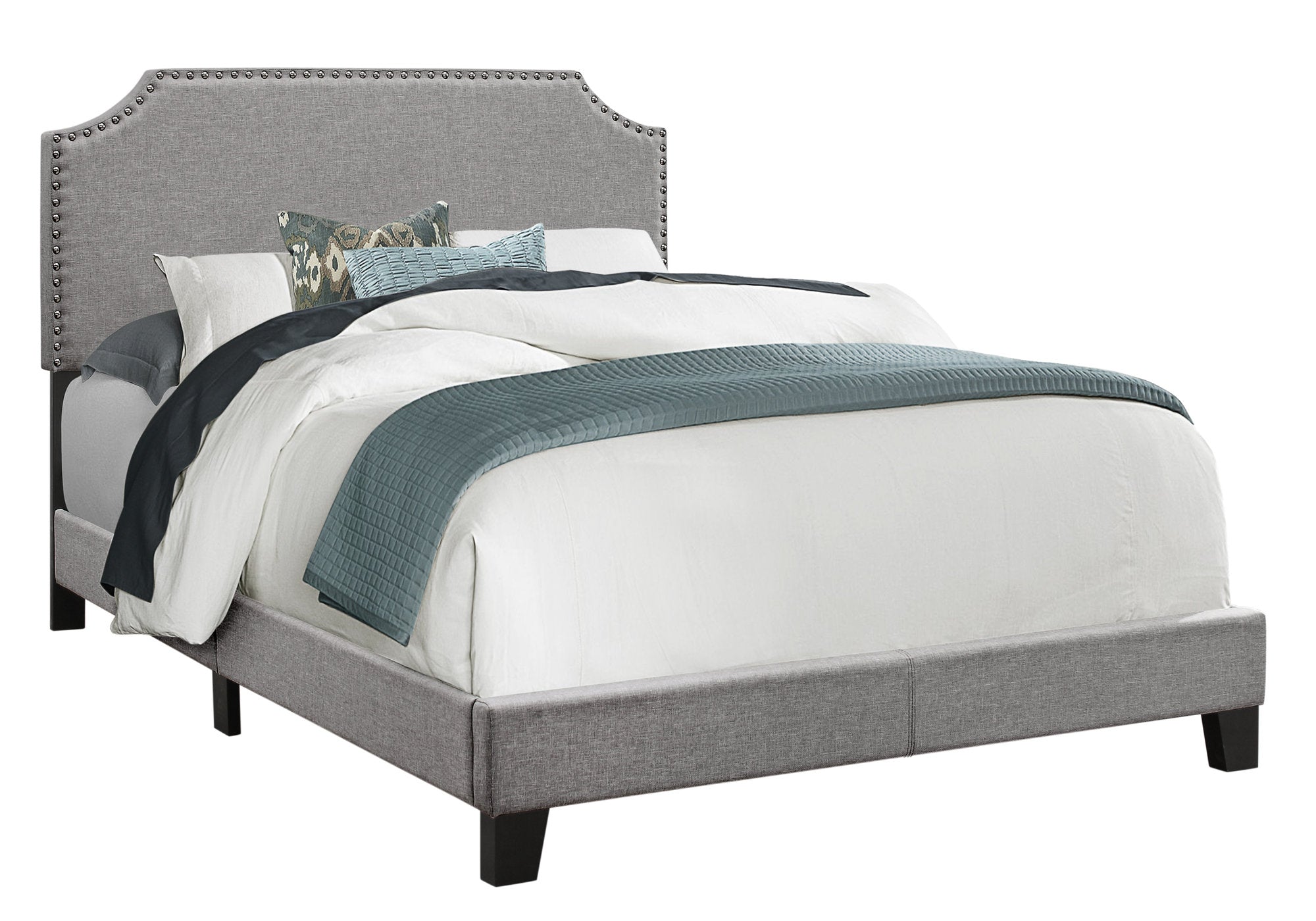 Full Size Grey Linen with Chrome Trim and Solid Wood Black Feet Bed Default Title