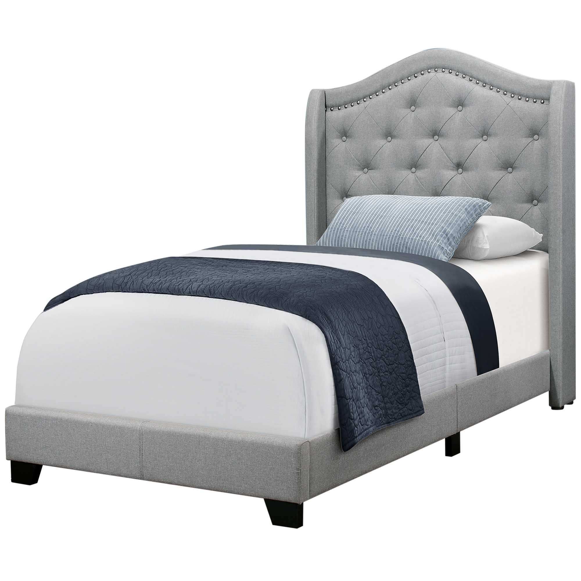 Tufted Grey Standard Bed Upholstered With Nailhead Trim And With Headboard