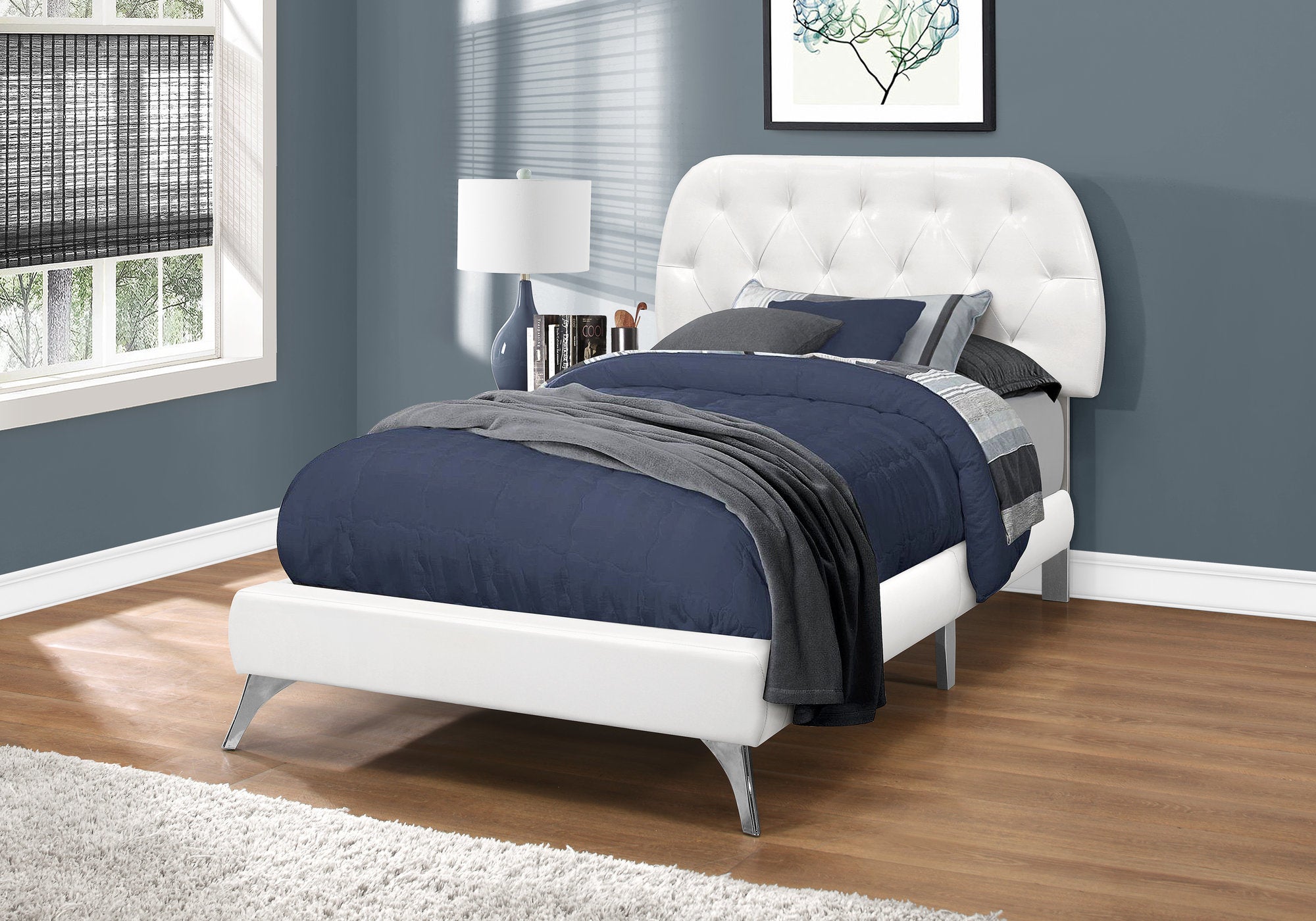 45.25" White Solid Wood MDF Foam and Linen Twin Sized Bed with Chrome Legs Default Title