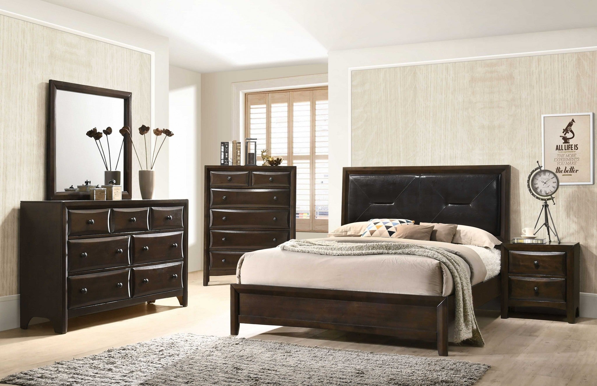 64" X 83" X 52" Black PU Walnut Wood Upholstered HB Queen Bed Default Title