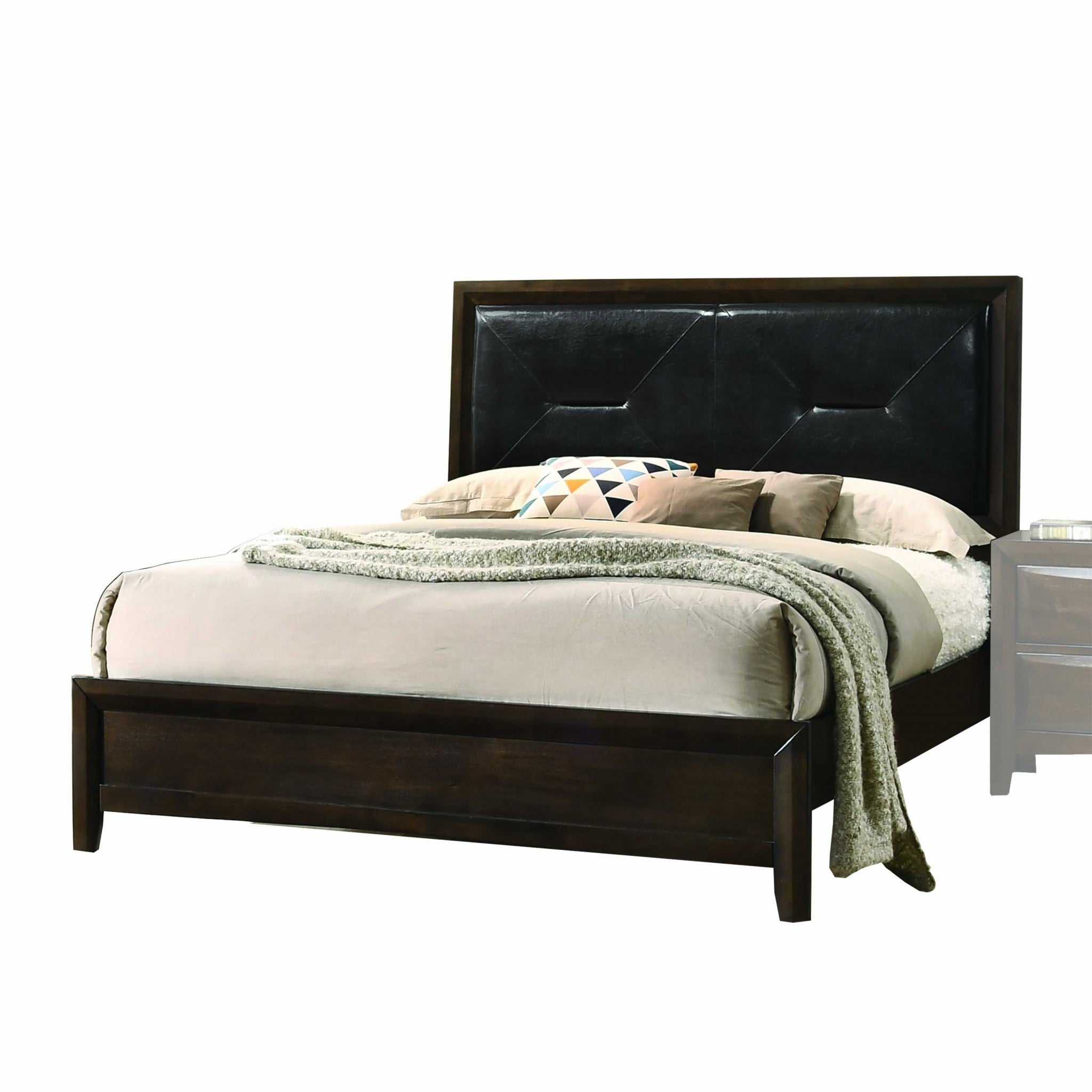 64" X 83" X 52" Black PU Walnut Wood Upholstered HB Queen Bed Default Title