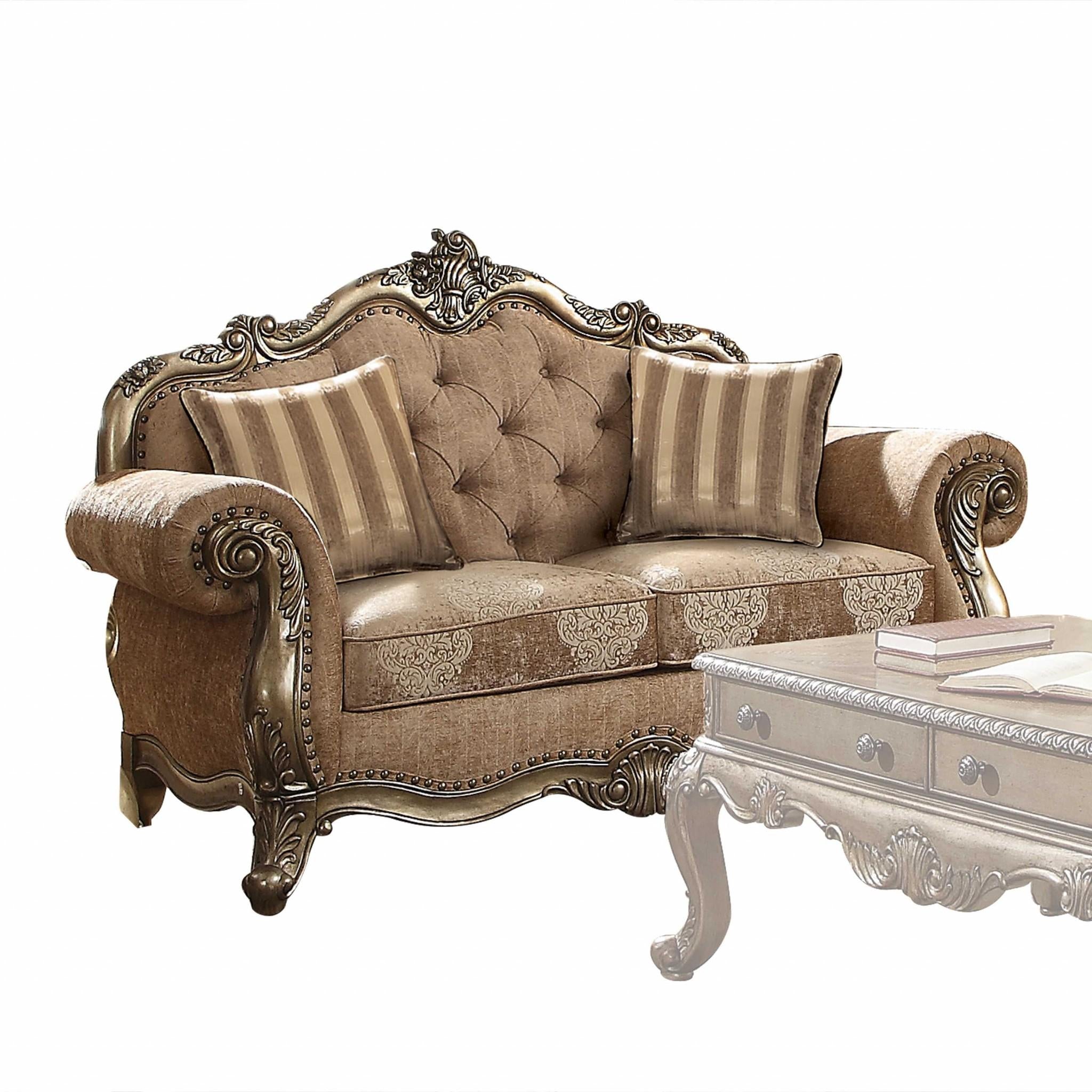 Ornate Vintage Look Velvet and Oak Loveseat Default Title