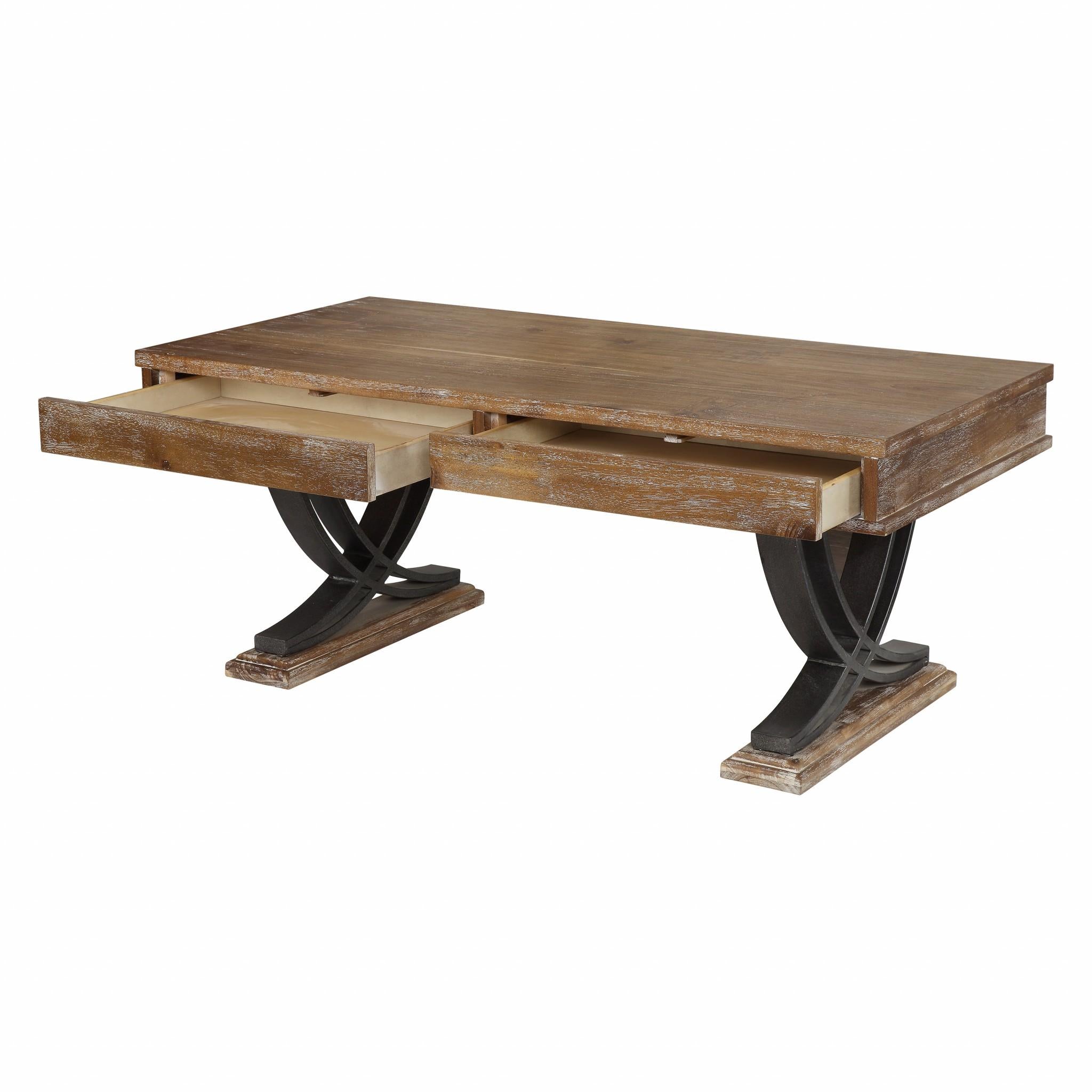 Industrial Style Antiqued Oak Finish Coffee Table with Black Accents