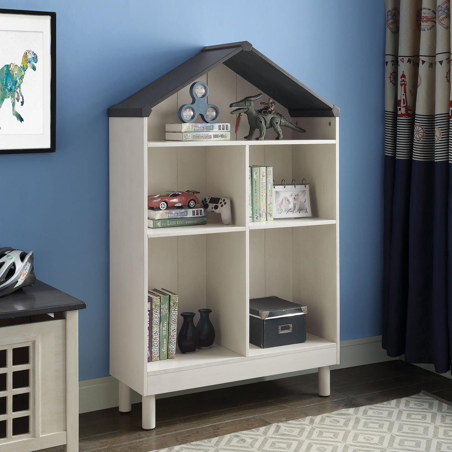 White Weathered Finish Bookcase With Gray Top