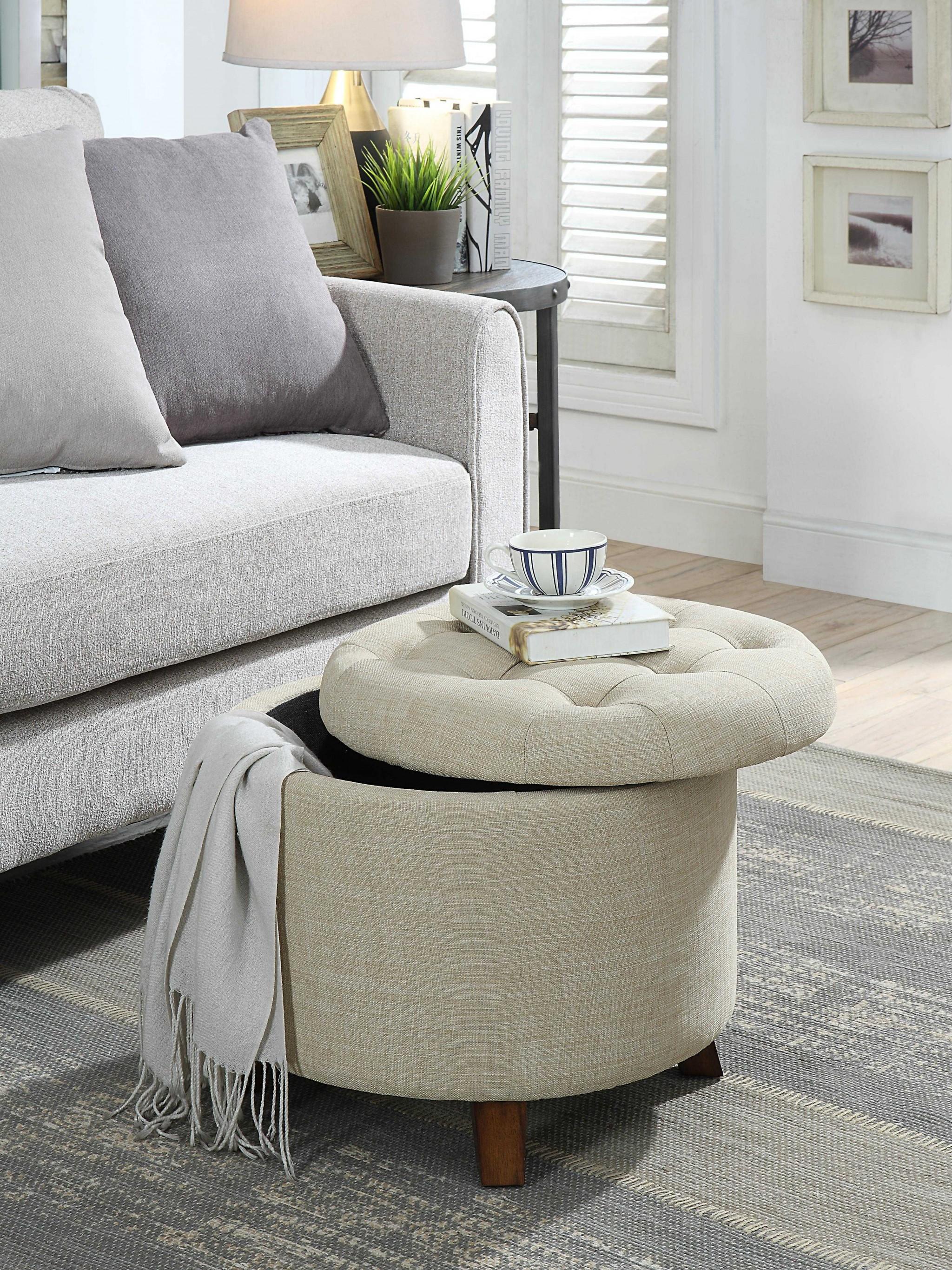 Tan Linen Upholstered Storage Ottoman