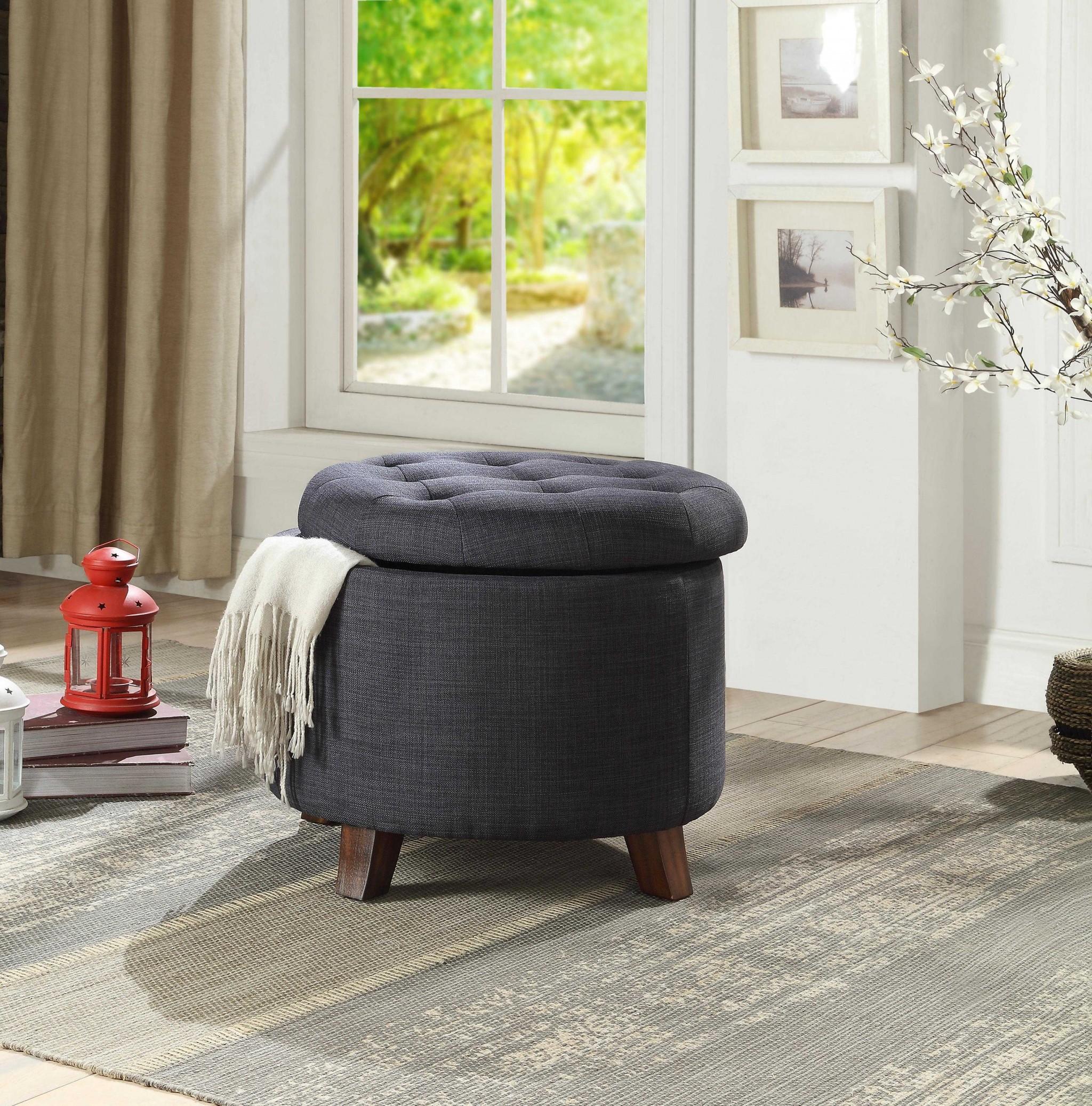 Dark Blue Linen Upholstered Storage Ottoman