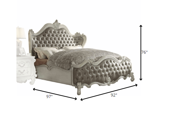 92" X 97" X 76" Vintage Gray PU Bone White Wood Poly Resin Upholstery Eastern King Bed Default Title