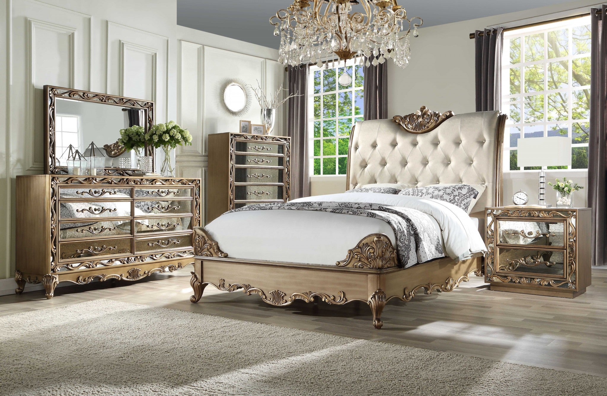 85" X 107" X 71" Champagne PU Antique Gold Wood Upholstered HB California King Bed Default Title