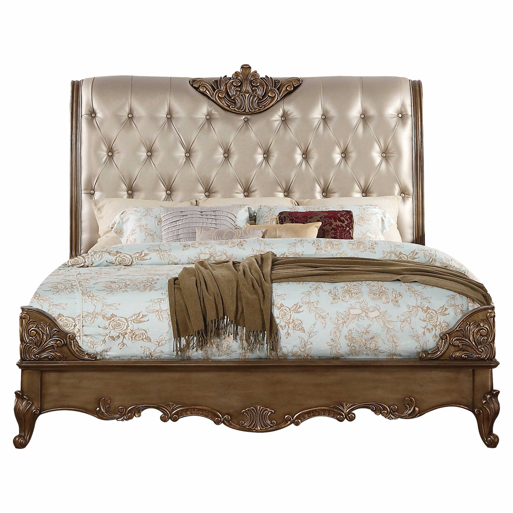 85" X 103" X 71" Champagne PU Antique Gold Wood Upholstered HB Eastern King Bed Default Title
