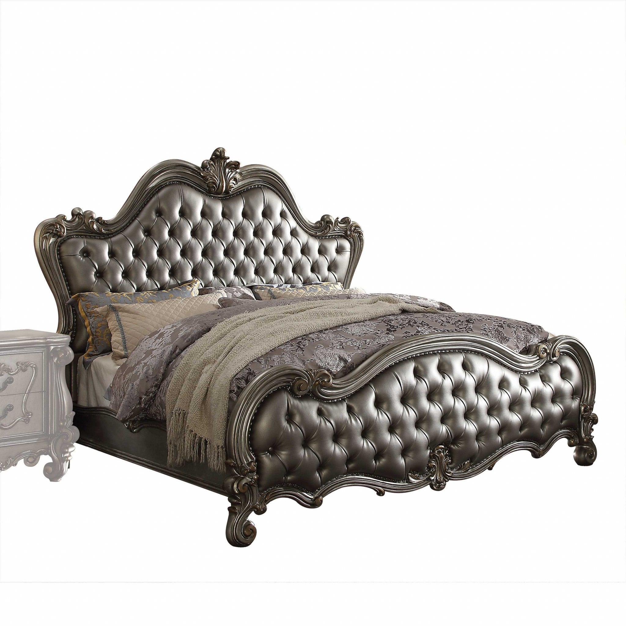85" X 102" X 75" Silver PU Antique Platinum Upholstery Poly Resin California King Bed Default Title