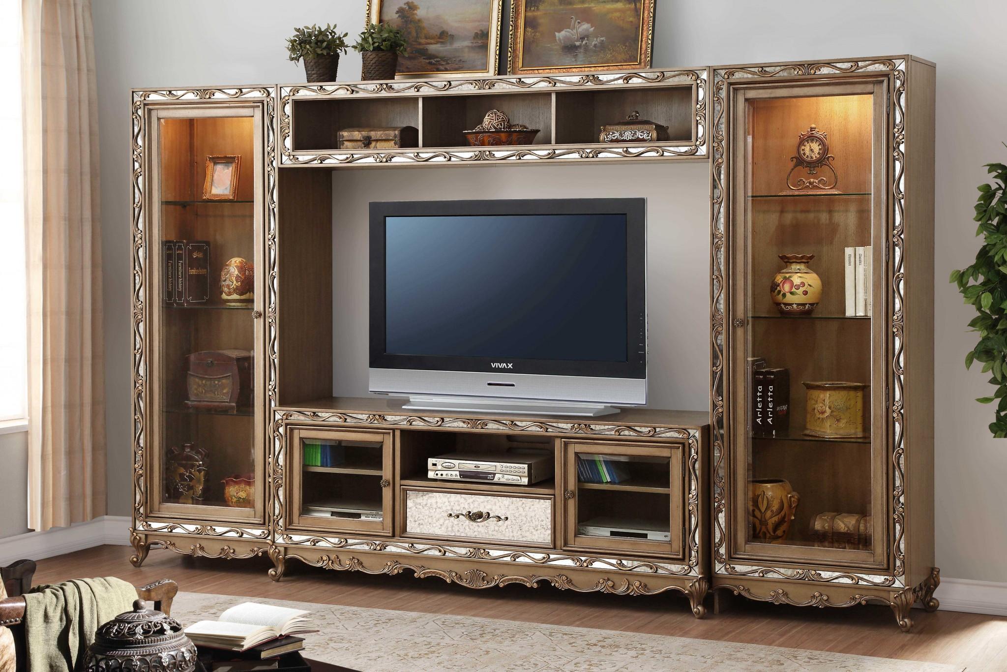 Ornate Antique Gold Finish Entertainment Center