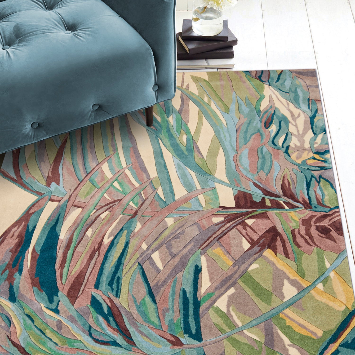 6' Ivory Lilac Hand Tufted Oversized Tropical Leaves Round Indoor Area Rug