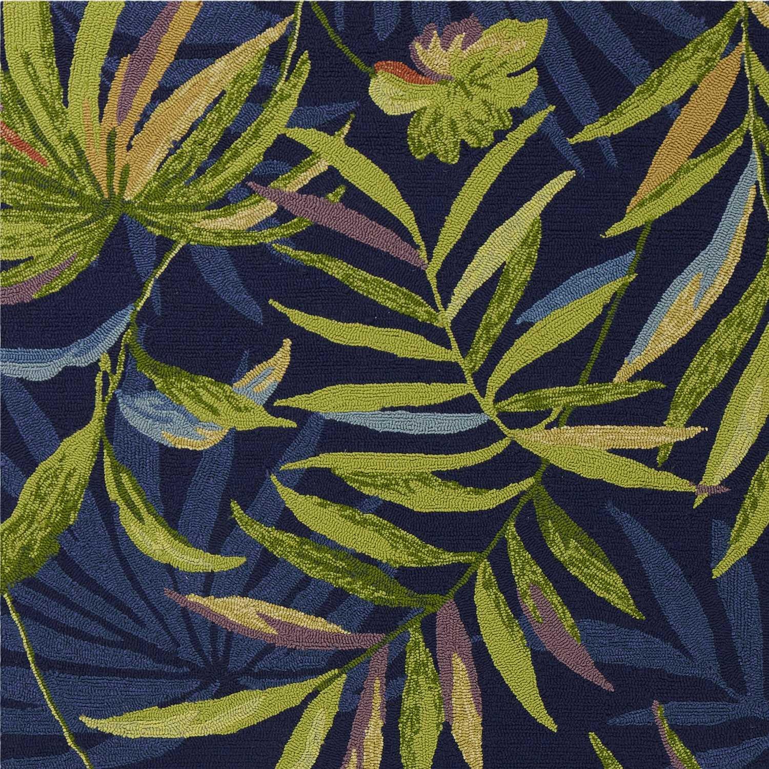 8'x10' Ink Blue Hand Hooked UV Treated Oversized Tropical Leaves Indoor Outdoor Area Rug