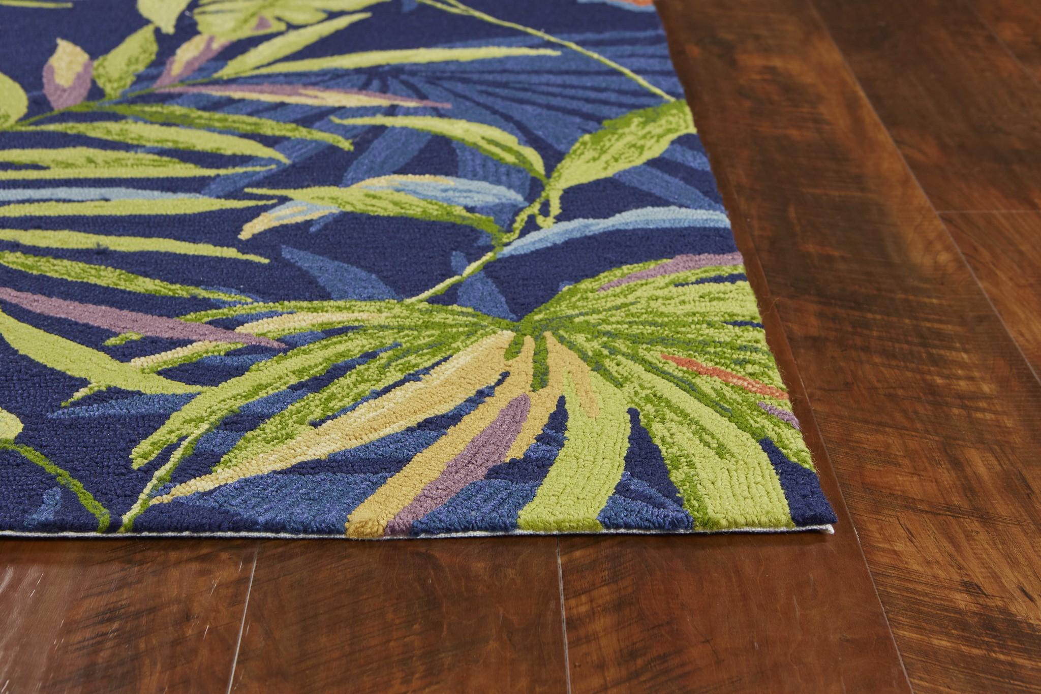 8'x10' Ink Blue Hand Hooked UV Treated Oversized Tropical Leaves Indoor Outdoor Area Rug