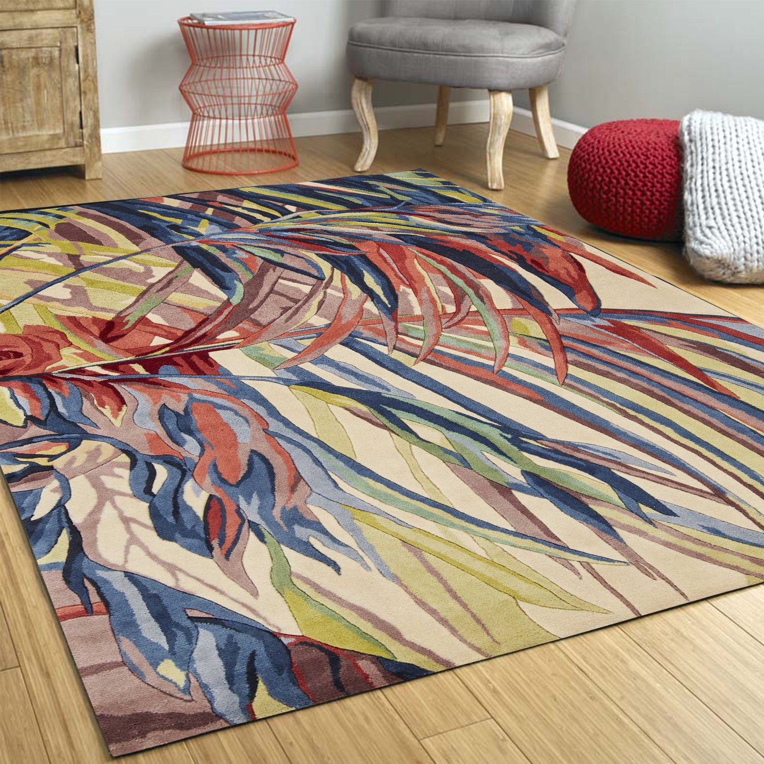 5'x8' Ivory Blue Hand Tufted Tropical Palms Indoor Area Rug