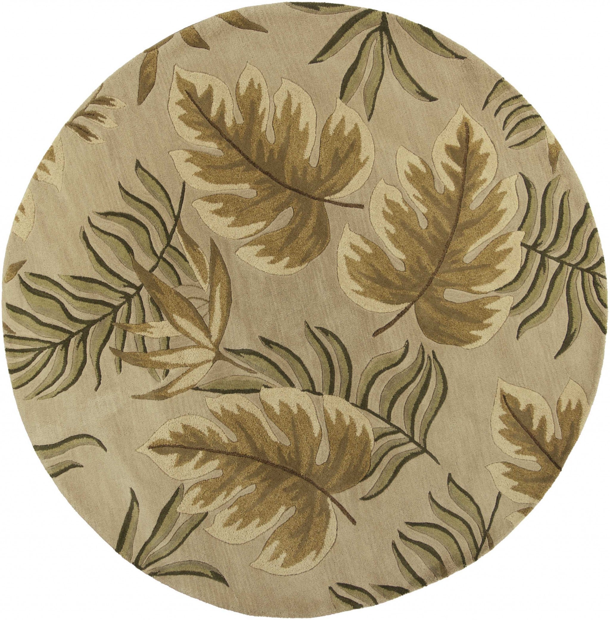 8' Sand Beige Hand Tufted Tropical Leaves Round Indoor Area Rug Default Title