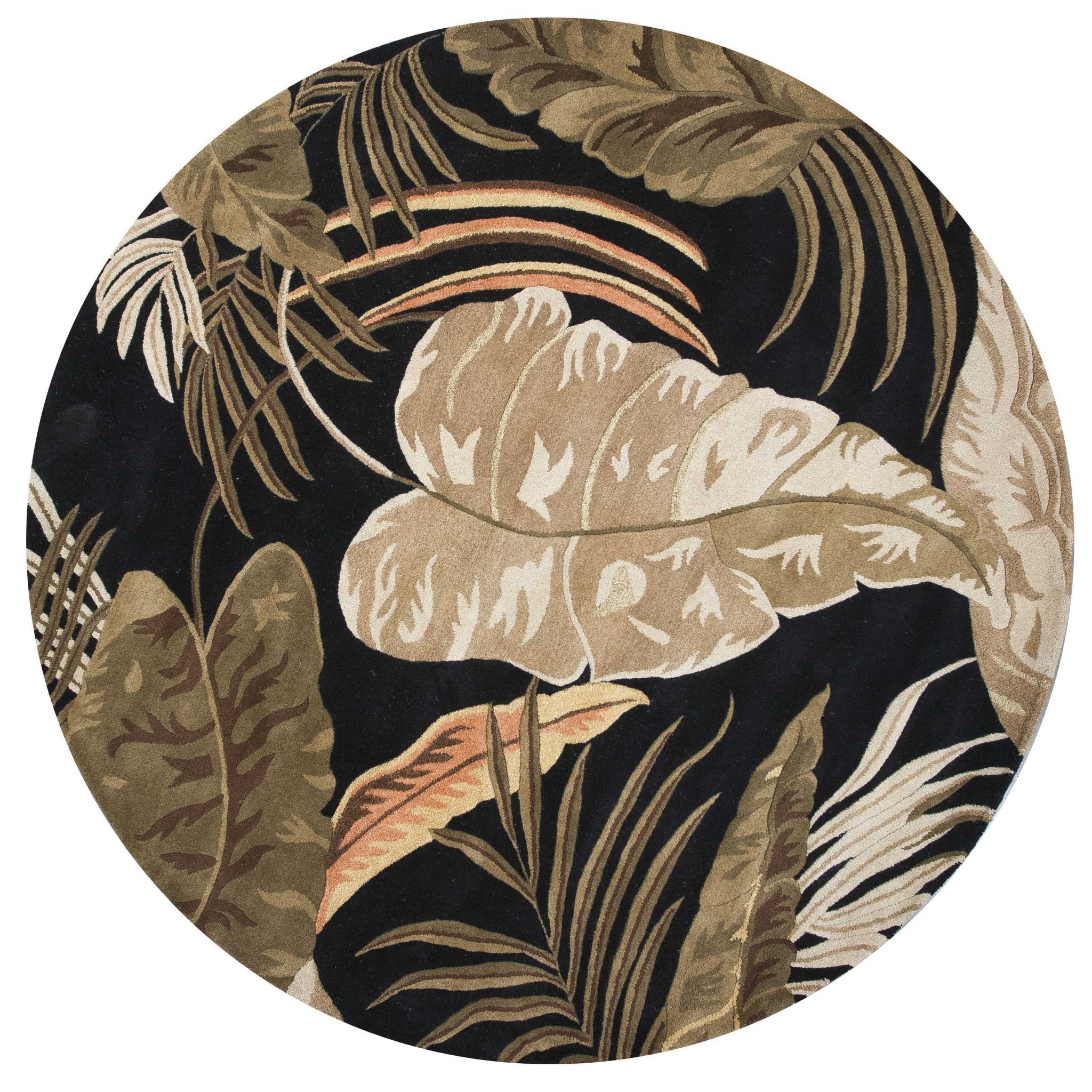 8' Midnight Black Hand Tufted Tropical Leaves Round Indoor Area Rug Default Title