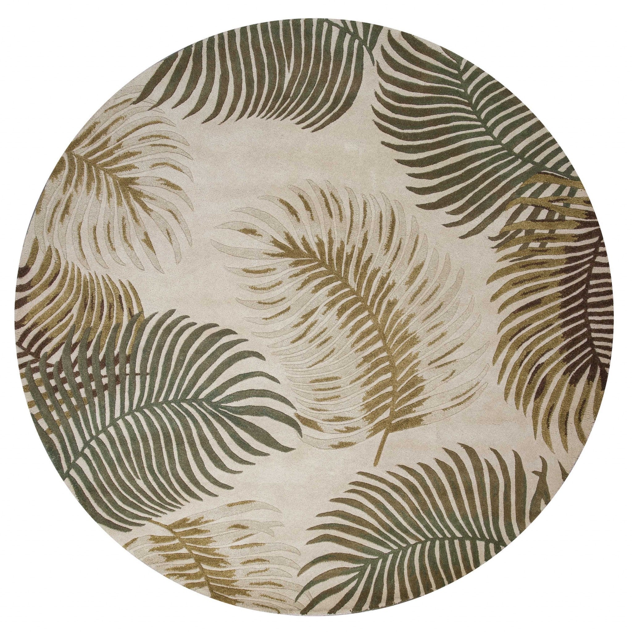 8' Natural Beige Hand Tufted Tropical Leaves Round Indoor Area Rug Default Title