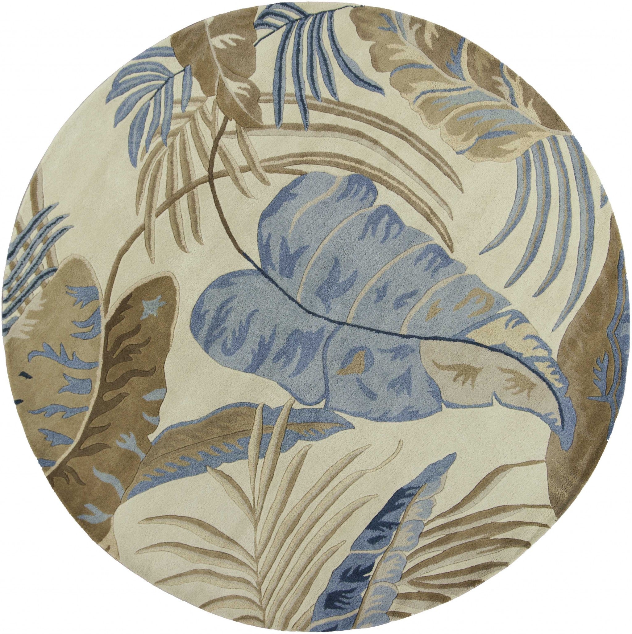 8' Ivory Blue Hand Tufted Tropical Leaves Round Indoor Area Rug Default Title