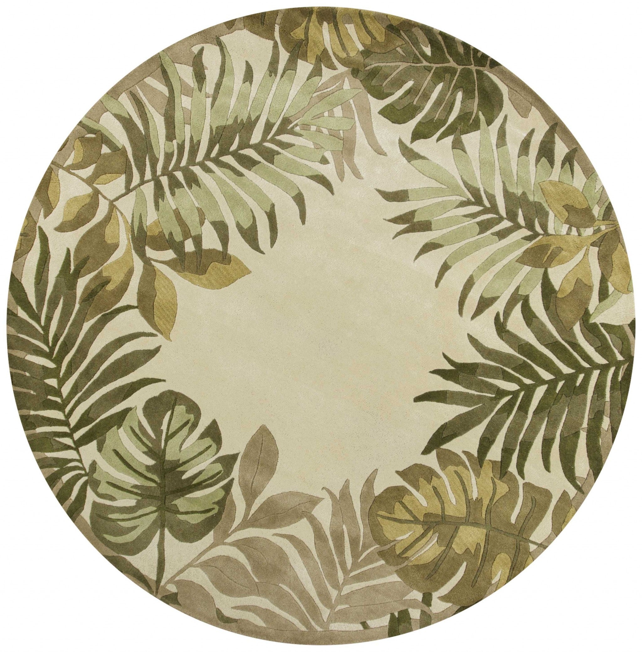 8' Ivory Hand Tufted Bordered Tropical Leaves Round Indoor Area Rug Default Title