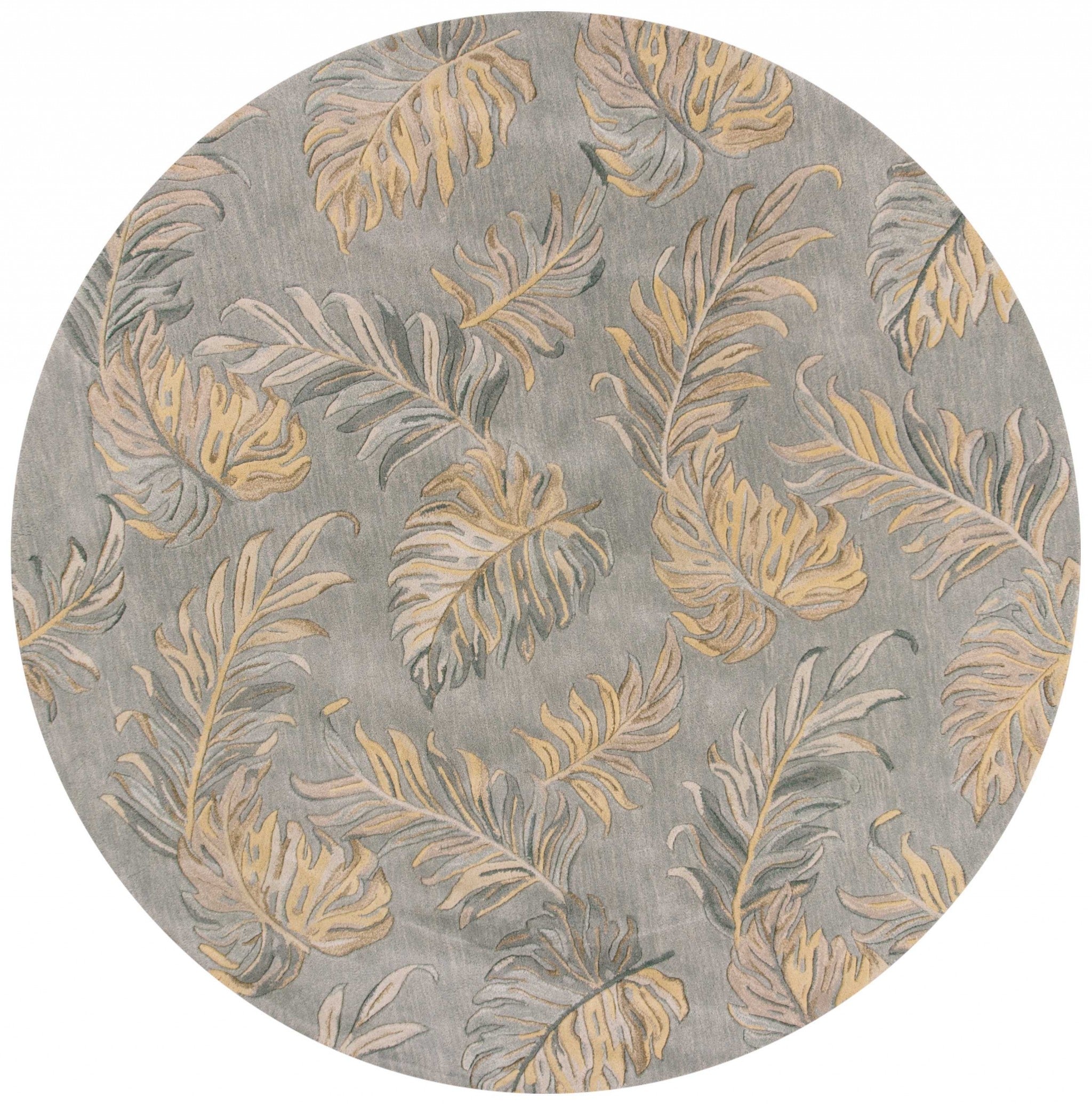 8' Grey Hand Tufted Tropical Palms Round Indoor Area Rug Default Title